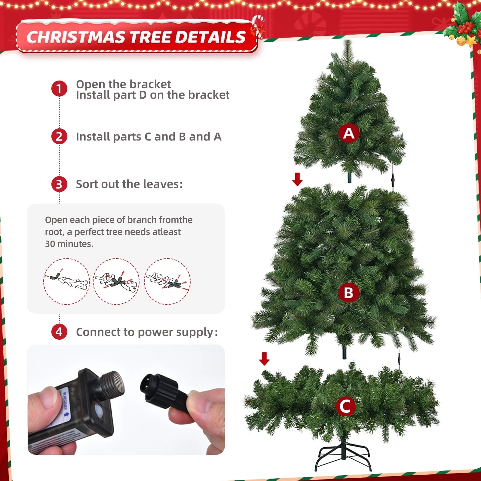 Fenbeli 6ft Pre-Lit Artificial Christmas Tree with 250 Multicolored LED Lights, 8 Sequences, Green - Image 4