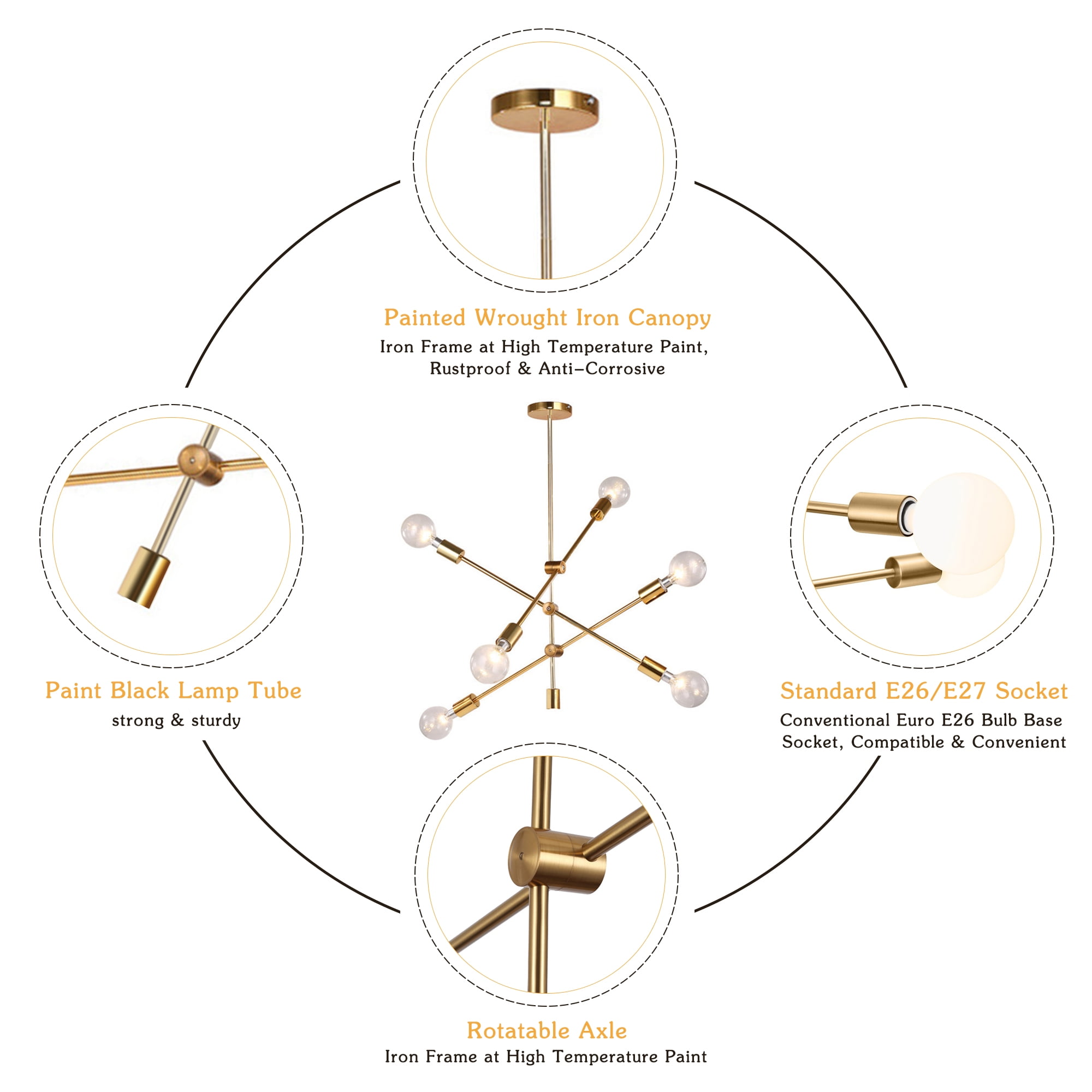 YANSUN 6 Light Sputnik-Inspired Chandelier,Gold Modern Chandelier Pendant Lighting for Kitchen Island Bedroom Living Room - Image 6