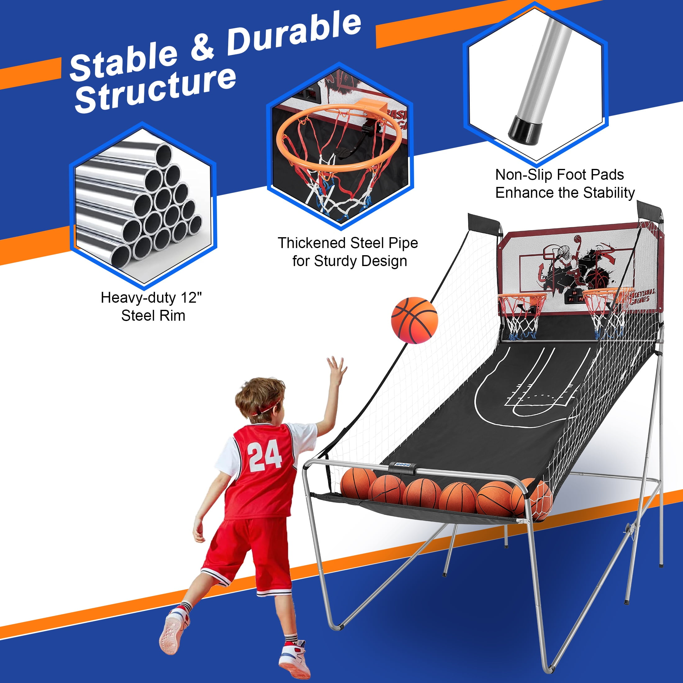 Dual Shot Basketball Arcade Game, Segmart 81"x44" Foldable Indoor Electronic Arcade Basketball Game with 6 Balls, 8 Modes, LED Scoreboard, Air Pump, Battery Powered for Adults, Black - Image 4