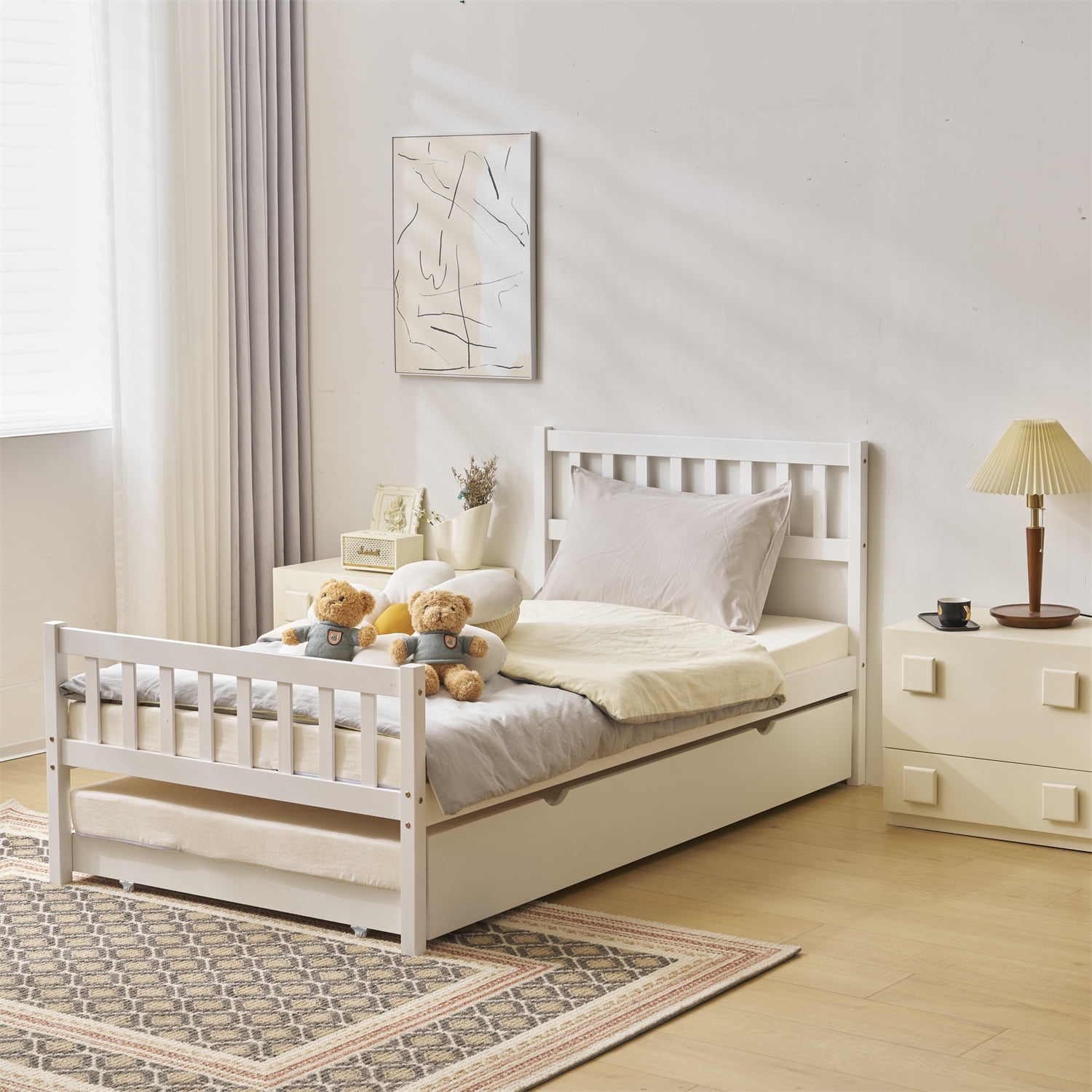 Zimtown Twin Bed with Trundle, Solid Wood Bed Frames with Headboard and Wooden Slats Support, Twin Trundle Bed Frame Roll Out, White - Image 13