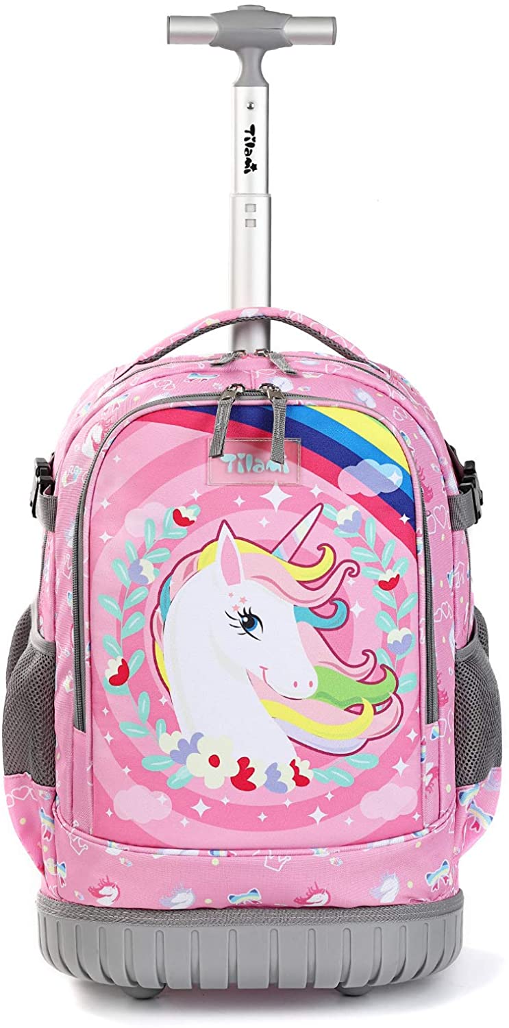 Tilami Pink Unicorn Rolling Backpack 19 inch Kids Roller Backpack