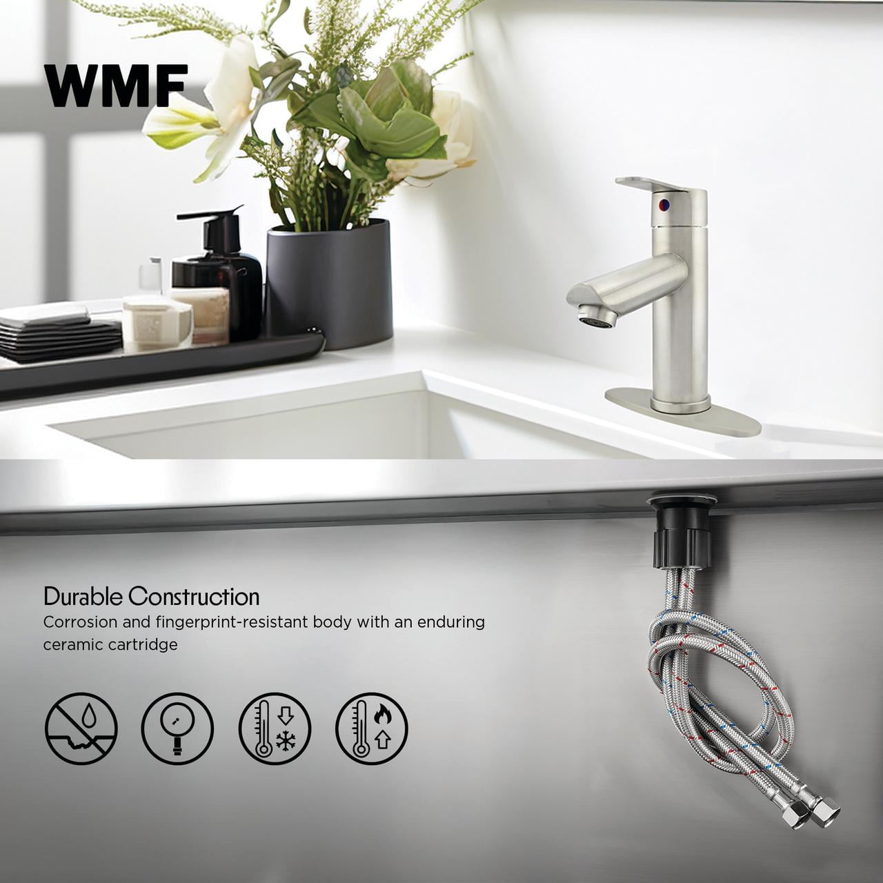 WMF-4316SS-1S - Stainless Steel 4" Single Handle Lavatory Faucet, Bathroom Sink Faucet with Pop Up and Deck Plate - Image 13