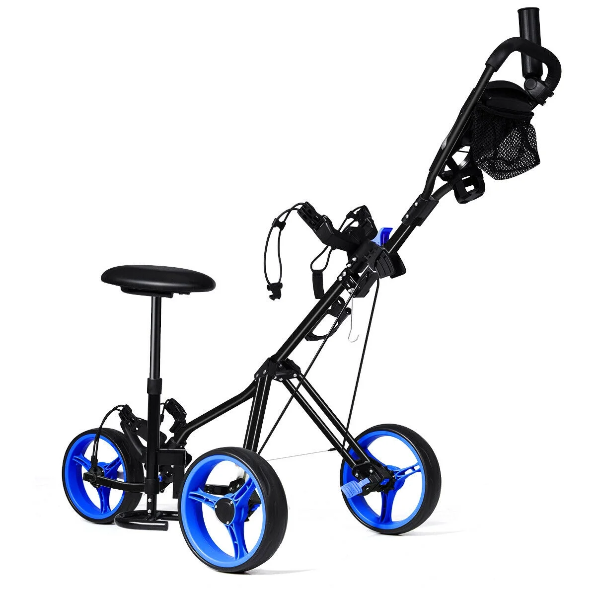 Foldable 3 Wheel Push Pull Golf Club Cart Trolley w/Seat Scoreboard Bag Blue - Image 6
