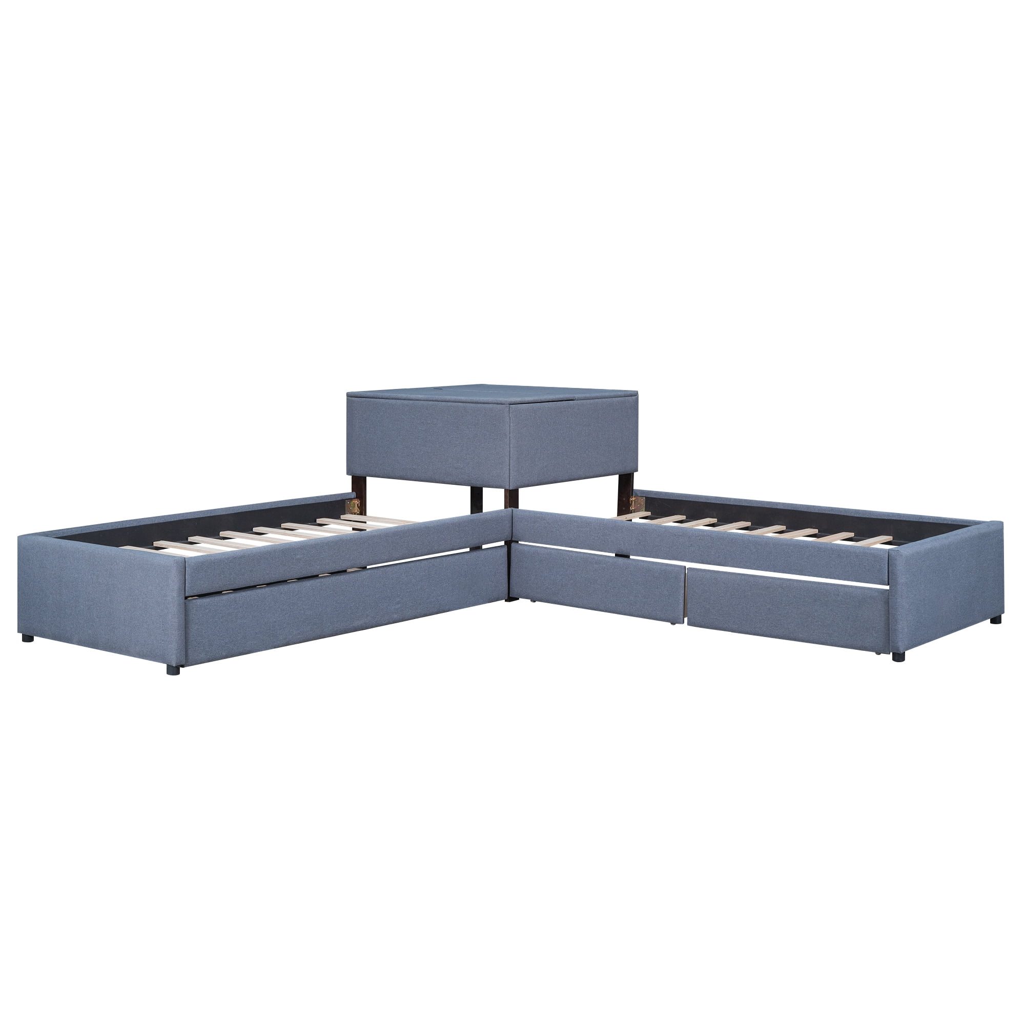 EUROCO Upholstery L-Shaped Twin Platform Bed with Drawers and Trundle,Square Table for Bedroom - Image 14