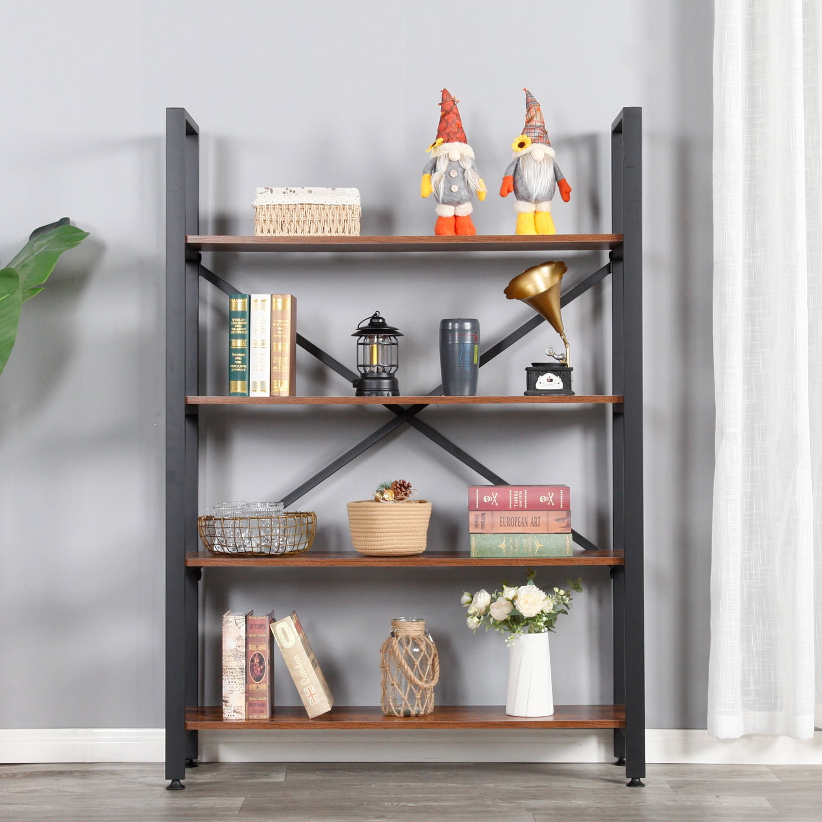 V.ZQLAMZ Rustic Industrial 4-Tier Bookcase, 55” High, Brown Metal Frame Display Rack - Image 3