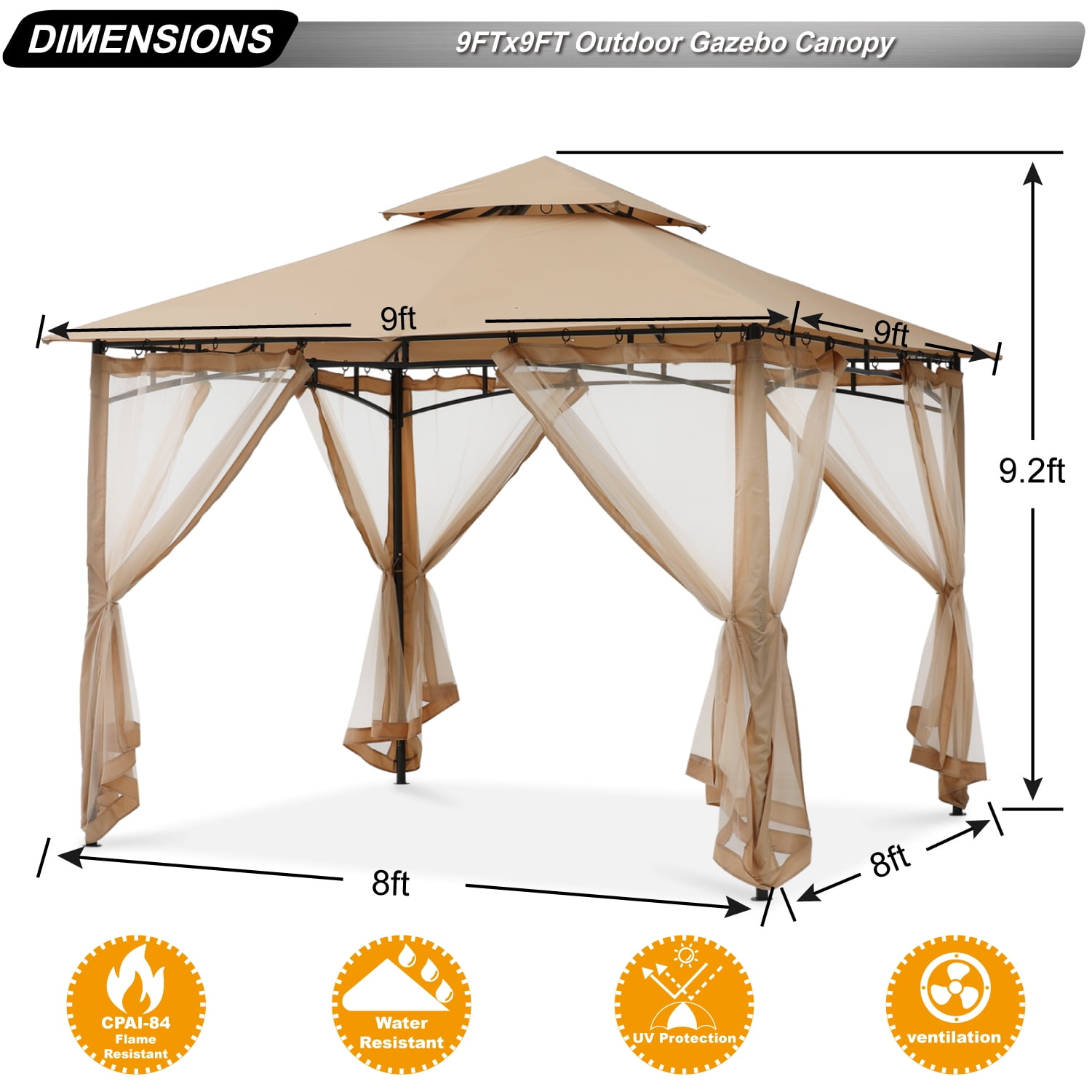 ABCCANOPY 9'x9' Patio Gazebo With Mosquito Netting and Double Soft Roof Canopies for Shade and Rain,Khaki - Image 8