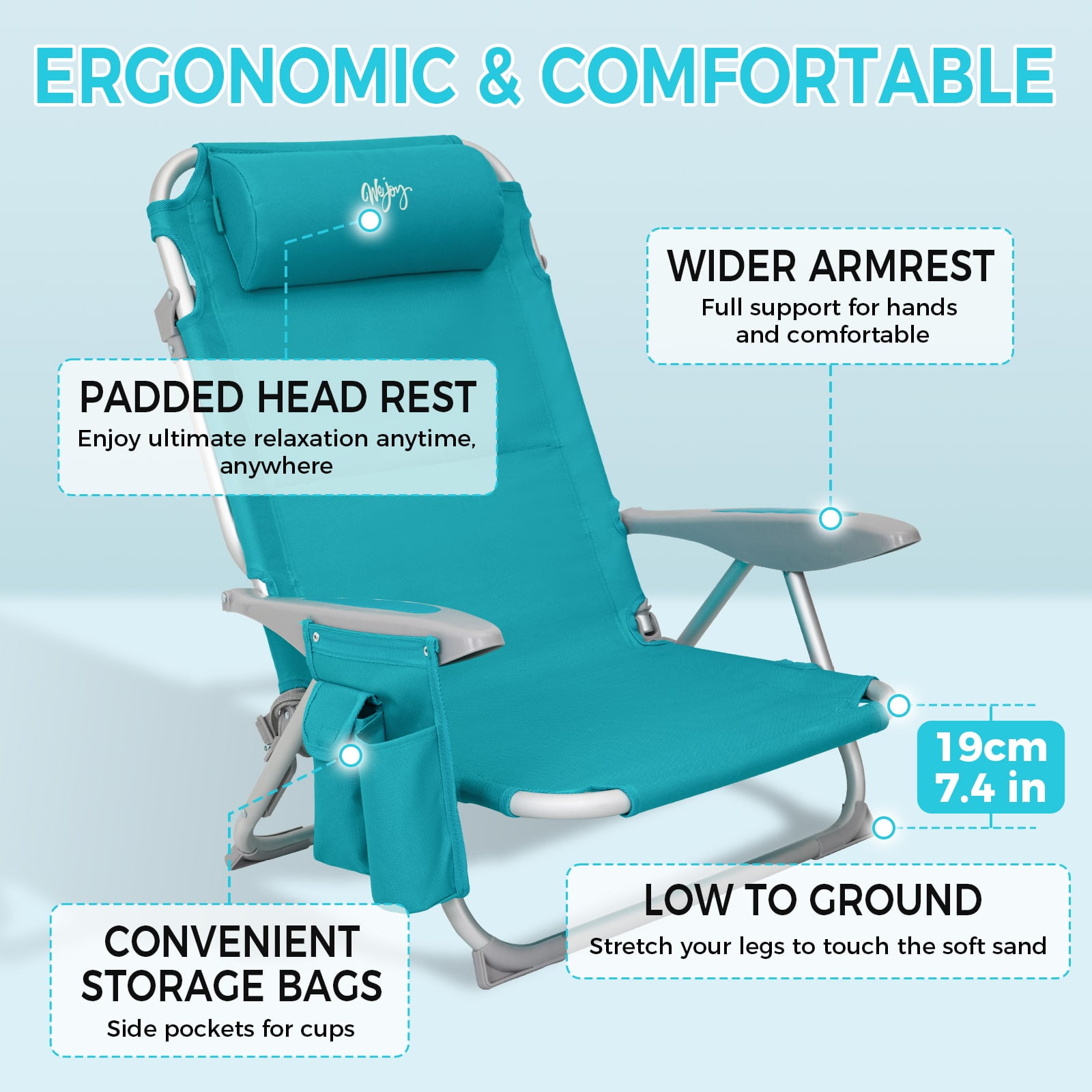 #WEJOY 2PCS Backpack Beach Chair, 4-Position Adjustable Folding Chair, Aluminum Folding Beach Chair, Low Camping Chair for Adults with Headrest, Cup Holder, Towel Rack, Max Load 265 lbs - Image 7