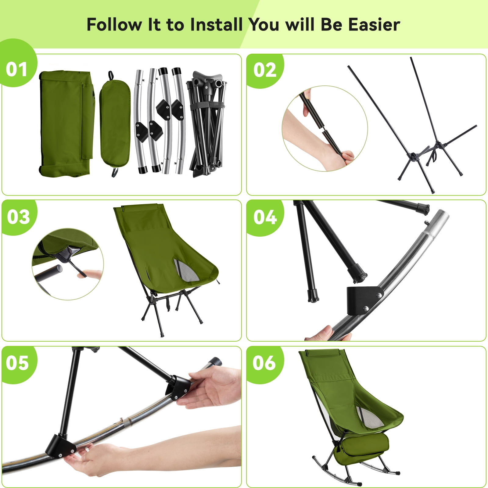 Camping Chair, Vecukty High Back Rocking Chair 165 lbs Capacity, Heavy Duty Compact Outdoor Portable Folding Rocker Chair for Camping Hiking Gardening Travel Beach Picnic,Green - Image 8