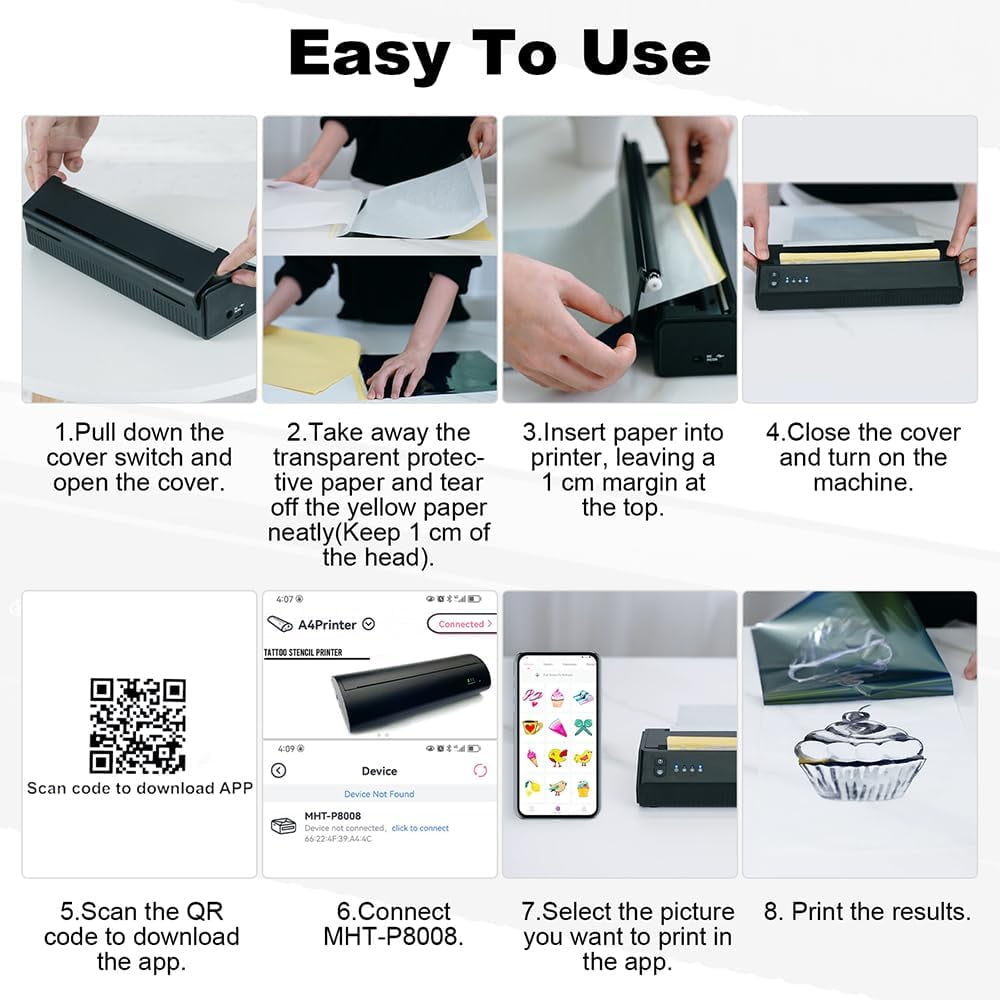 Aoresac Tattoo Transfer Portable 203DPI Stencil Machine Thermal Printer Wirelessly BT Photo Tester Paper Printer with 11pcs Transfer Paper - Image 6