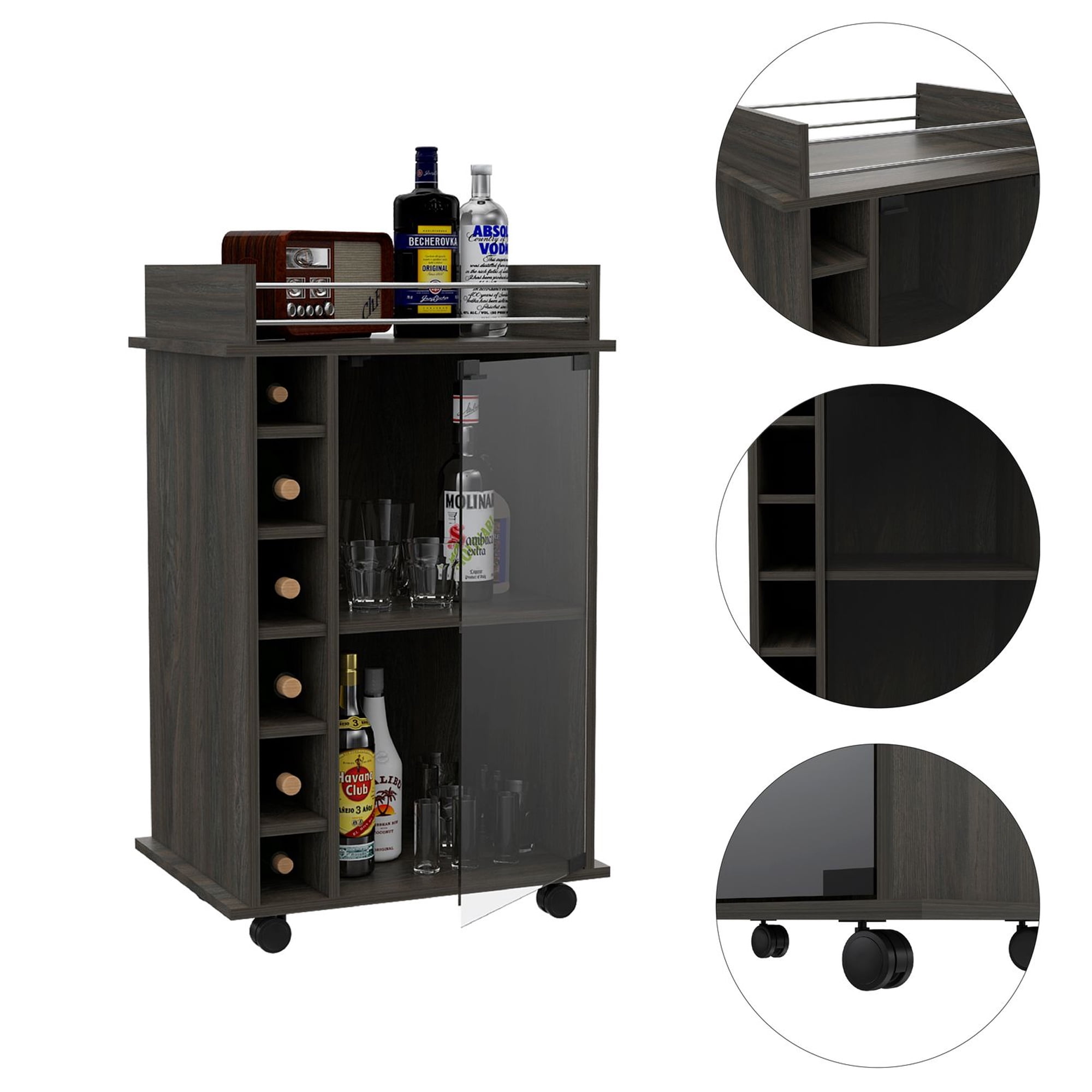 TUHOME Dukat Kitchen Bar Cart with Glass Door, Espresso - Image 3