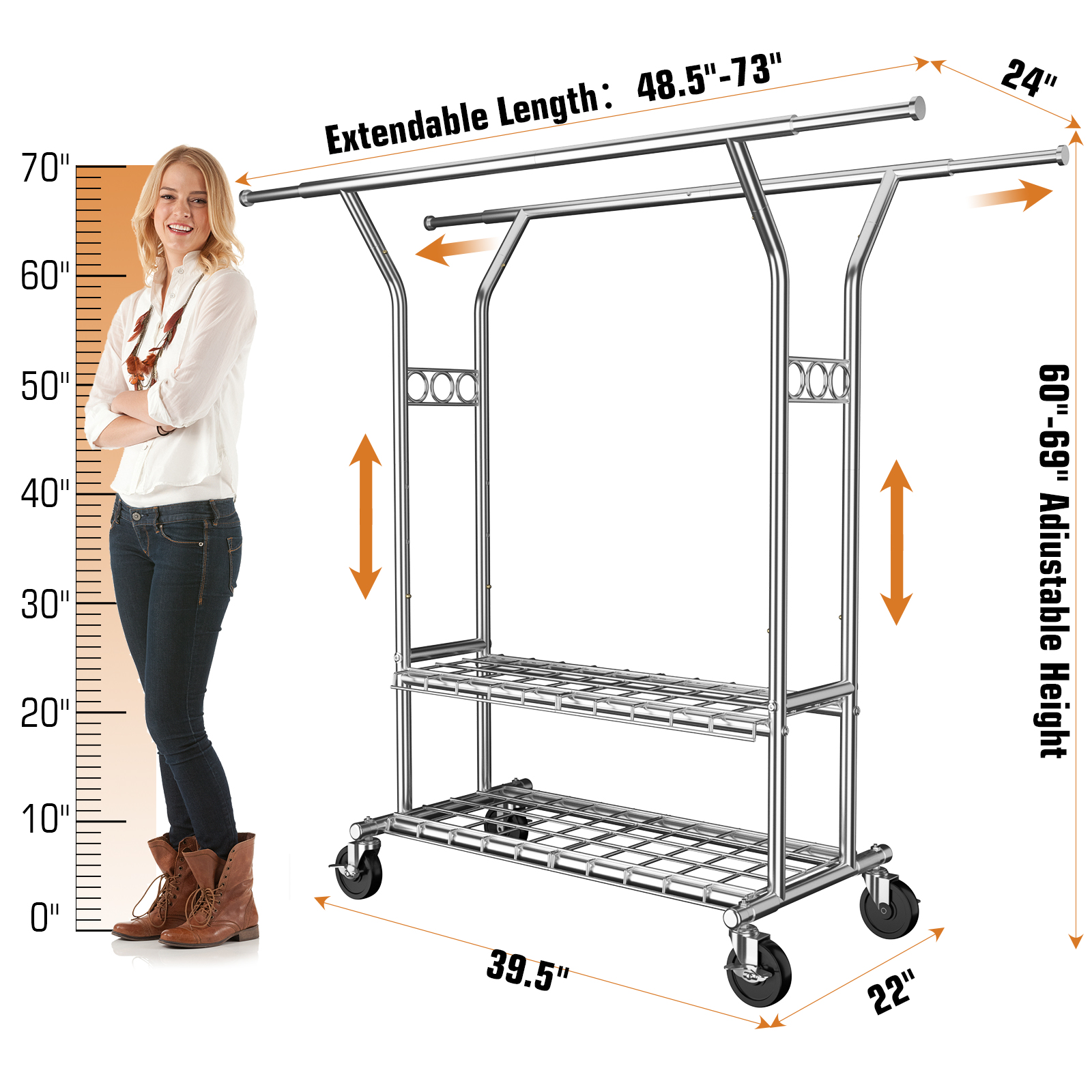 URTUE 620LBS Heavy Duty Garment Rack with Shelves,Commercial Grade Clothing Racks on Wheels Rolling - Double Rails Clothes Rack for Hanging Clothes Portable Adjustable - Image 7