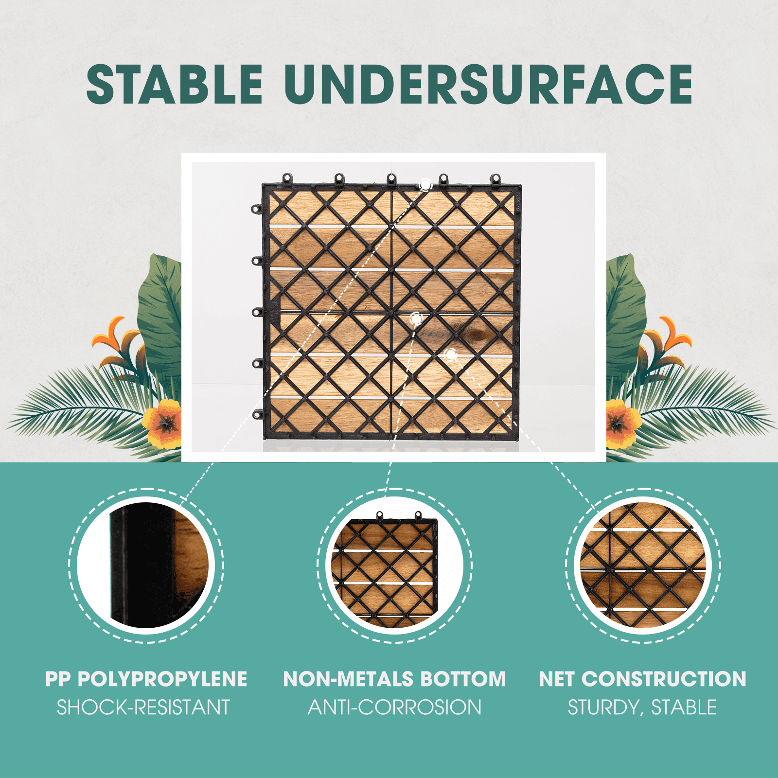 10 Pack Waterproof Interlocking Deck Tiles - Golden Teak - 6 Slats - 12 x 12 x 0.9 in. - Image 5