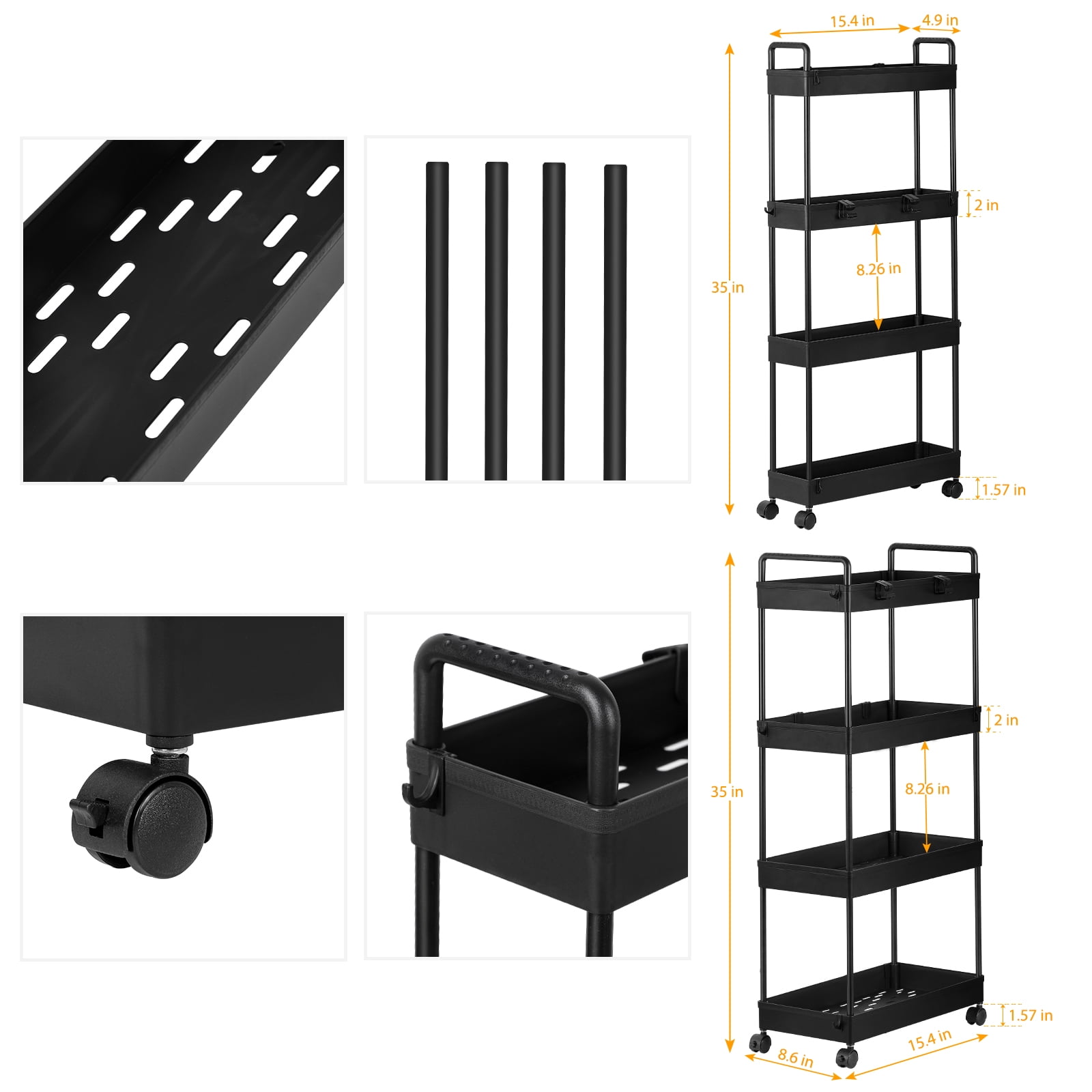 TUOREN 4-Tier Slim Storage Cart with Wheels for Narrow Space, Black - Image 4