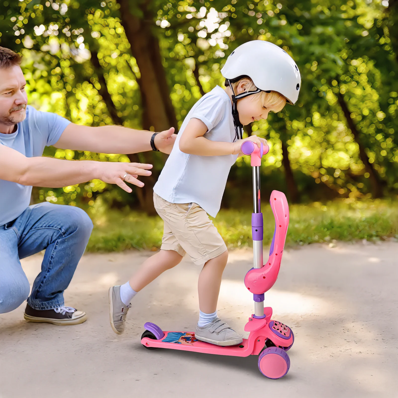Beefunni Pink Sit-and-Scoot Scooter for Girls, Adjustable Handlebar Kick Scooter, Wide Anti-Slip Deck, LED Flashing Wheels, Rotatable Saddle, Ideal Birthday Christmas Gift for Kids 2-8 - Image 7
