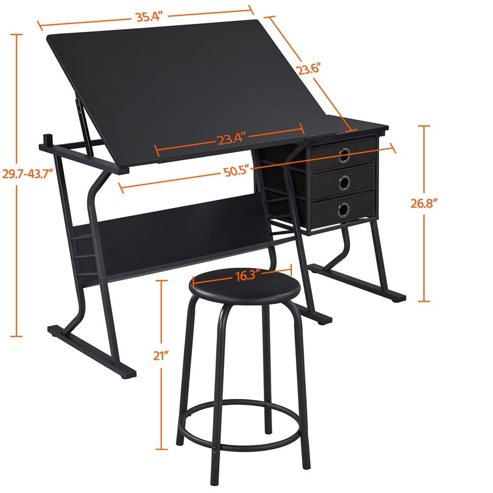 Renwick Adjustable Drafting Table with Storage Drawers and Stool, Black - Image 7