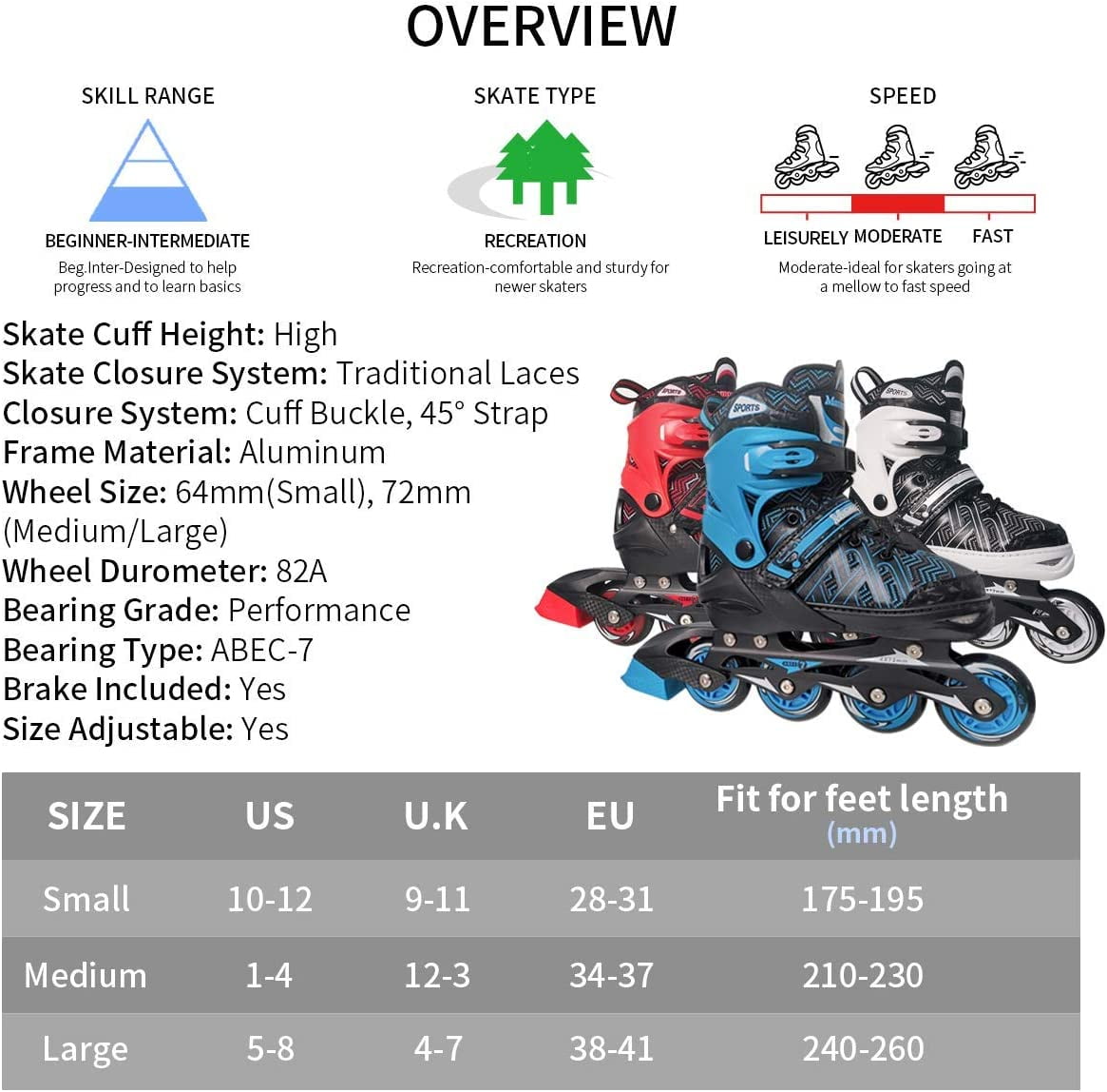 SubSun Boys Inline Skates for Kids Girls with Light Wheels Adjustable Blue Medium(US 1-4) - Image 4