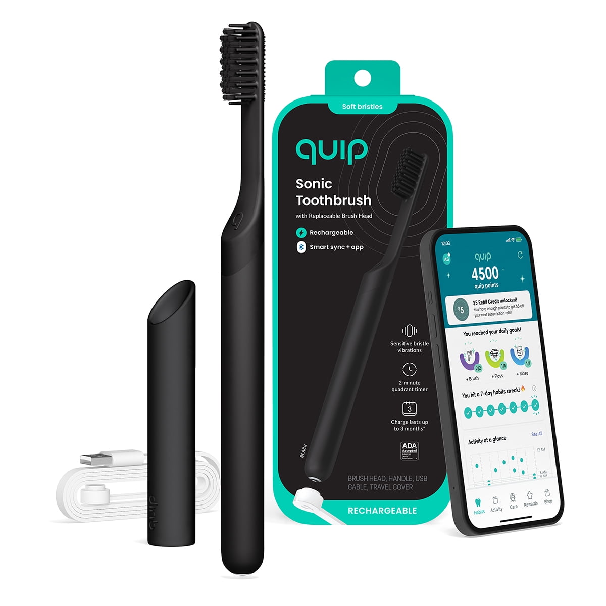 Quip Adult All-Black Plastic Full Head Smart Rechargeable Electric Toothbrush - Image 5