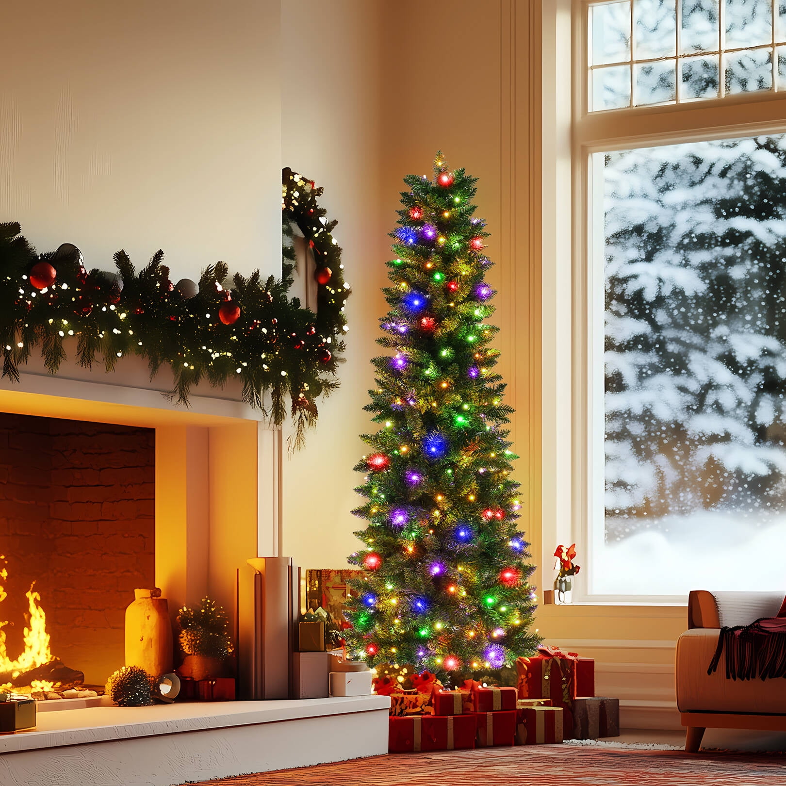 Funcid 6ft Pre-Lit Artificial Hinged Slim Pencil Christmas Tree with 250 Multi-Color Lights, 972 Branch Tips, Metal Hinges & Foldable Base, Green - Image 6