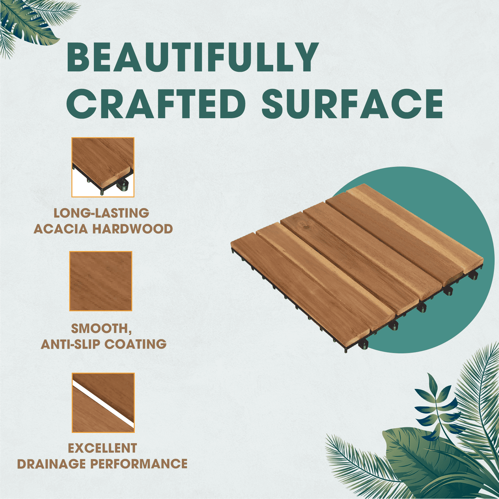 10 Pack Waterproof Interlocking Deck Tiles - Golden Teak - 6 Slats - 12 x 12 x 0.9 in. - Image 4