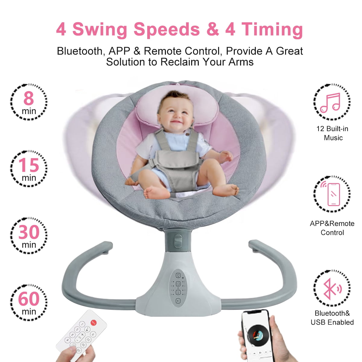 Beuway Electric Baby Swing, Infant Swing Rocker with Remote Control, 4 Sway Speeds, Bluetooth Music, Pink - Image 6
