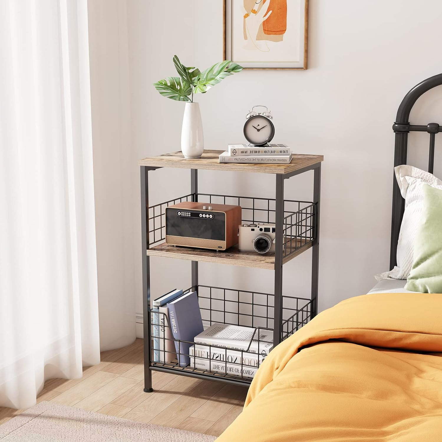 X-cosrack End Table,3 Tire Industrial Side Table,Wood & Metal Frame Nightstand Storage Shelf for Living Room Office Hallway(Brown+Black) - Image 9