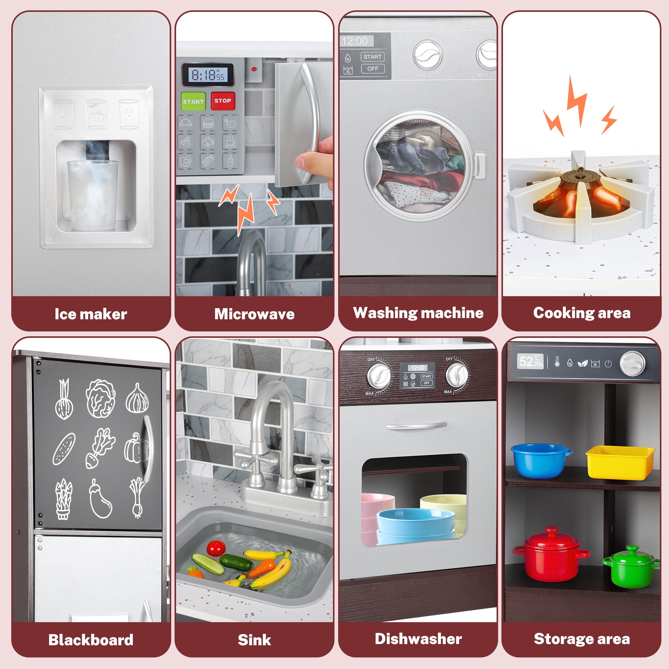 iYofe Corner Wooden Play Kitchen, Kids Kitchen Playset w/Light & Sound, Phone, Microwave, Stove, Cocina de Juguete Para Niña with Cooking Toys Accessories for Toddler Ages 3-5 Boys Girls, Espresso - Image 9