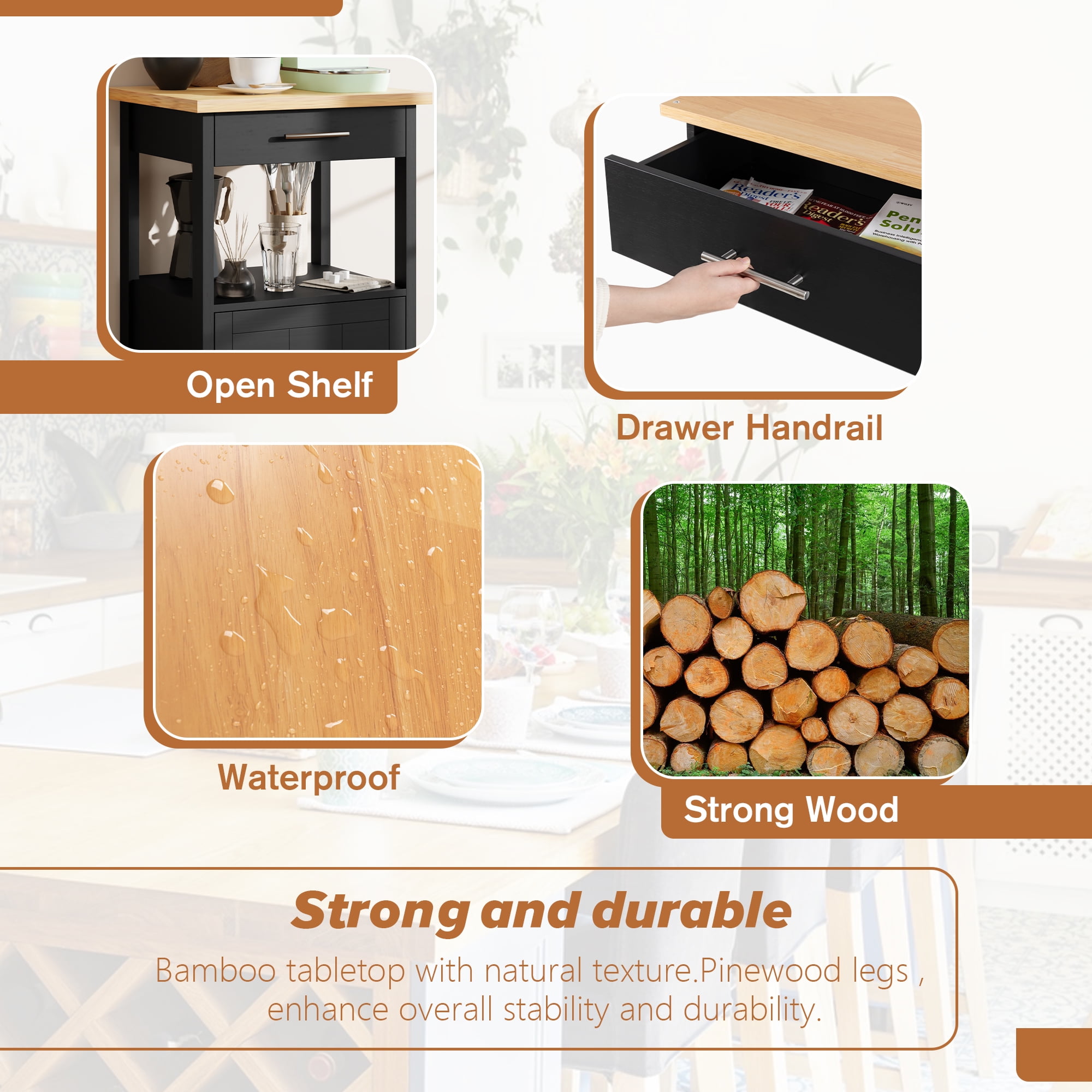 Walsunny Kitchen Island on Wheels with Storage, Kitchen Cart with Drawer and Countertop, Single Door Rolling Storage Cabinet Black - Image 4