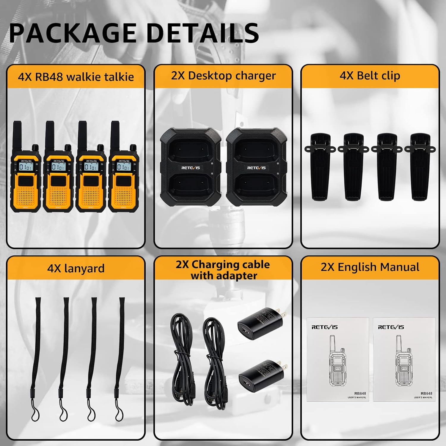 RB48 Heavy Duty Walkie Talkies, Waterproof Two Way Radio, Advanced Triple Proof, 2000 mAh, Emergency, 2 Way Radio Long Range for Job Site (4 Pack) Yellow - Image 8