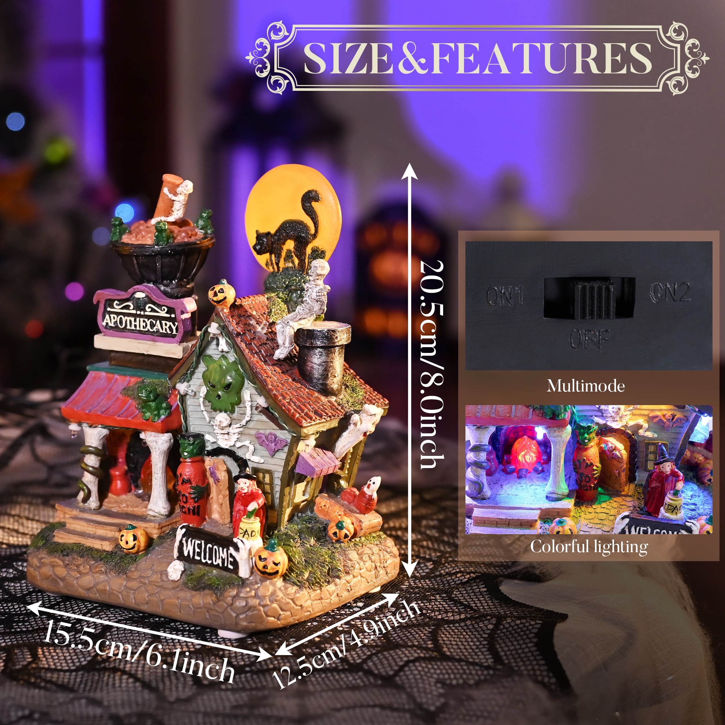 Valery Madelyn 8.08 inches Halloween Village Halloween Apothecary Haunted House Decoration with Black Cat, Skeleton, Pumpkins, Witch and Music, Lighted Halloween Village for Spooky Party Decor - Image 8