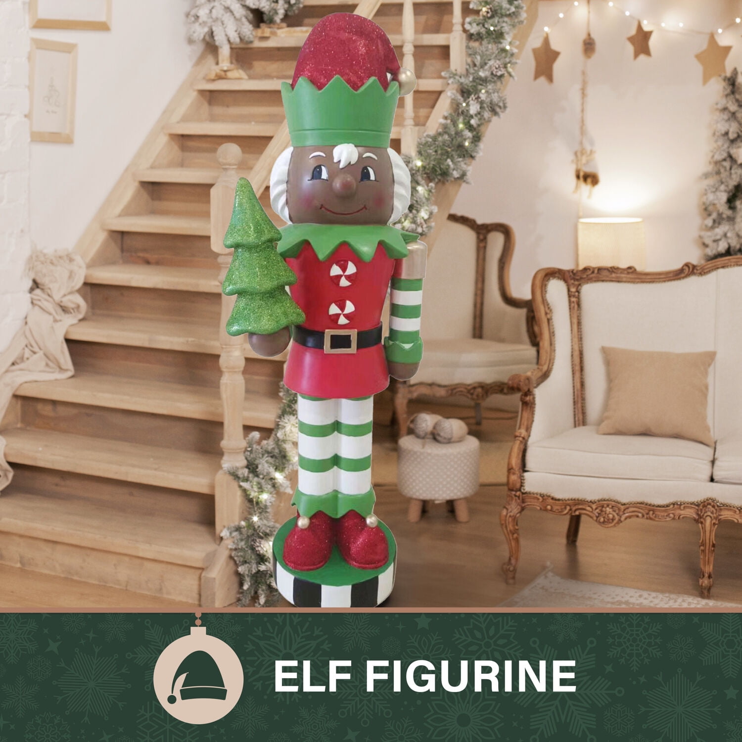 Fraser Hill Farm 48-inch African American Elf Nutcracker Figurine Holding Tree in Red/Green, FFMG048-0ELF-MLTAA - Image 11