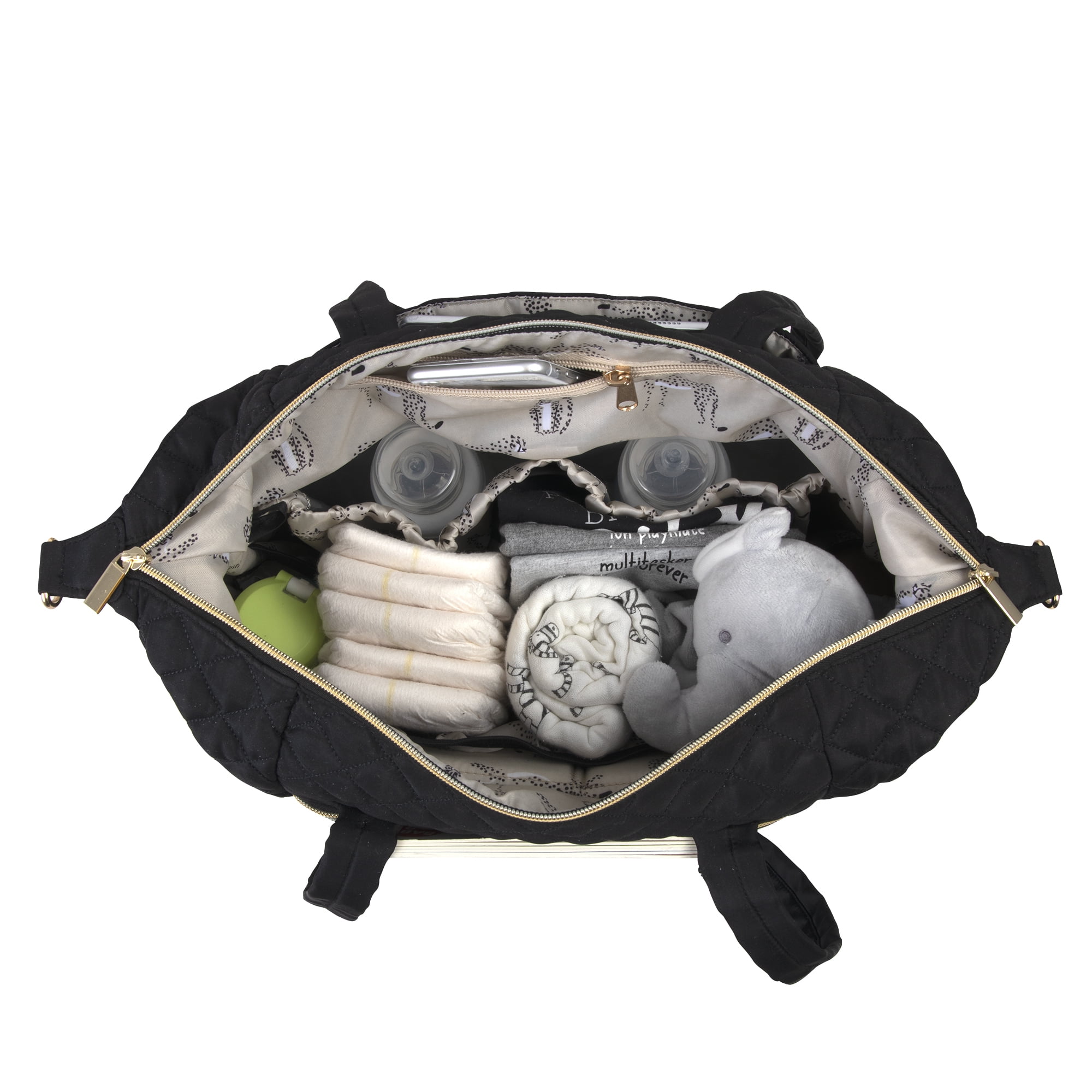 Jessica Simpson Large Black Diamond Stylish Quilted Multi-Pocket Dual Zipper Closure Fashion Diaper Bag Travel Tote Satchel with Luggage Strap, Running Cheetah Print Interior & Changing Pad - Image 11