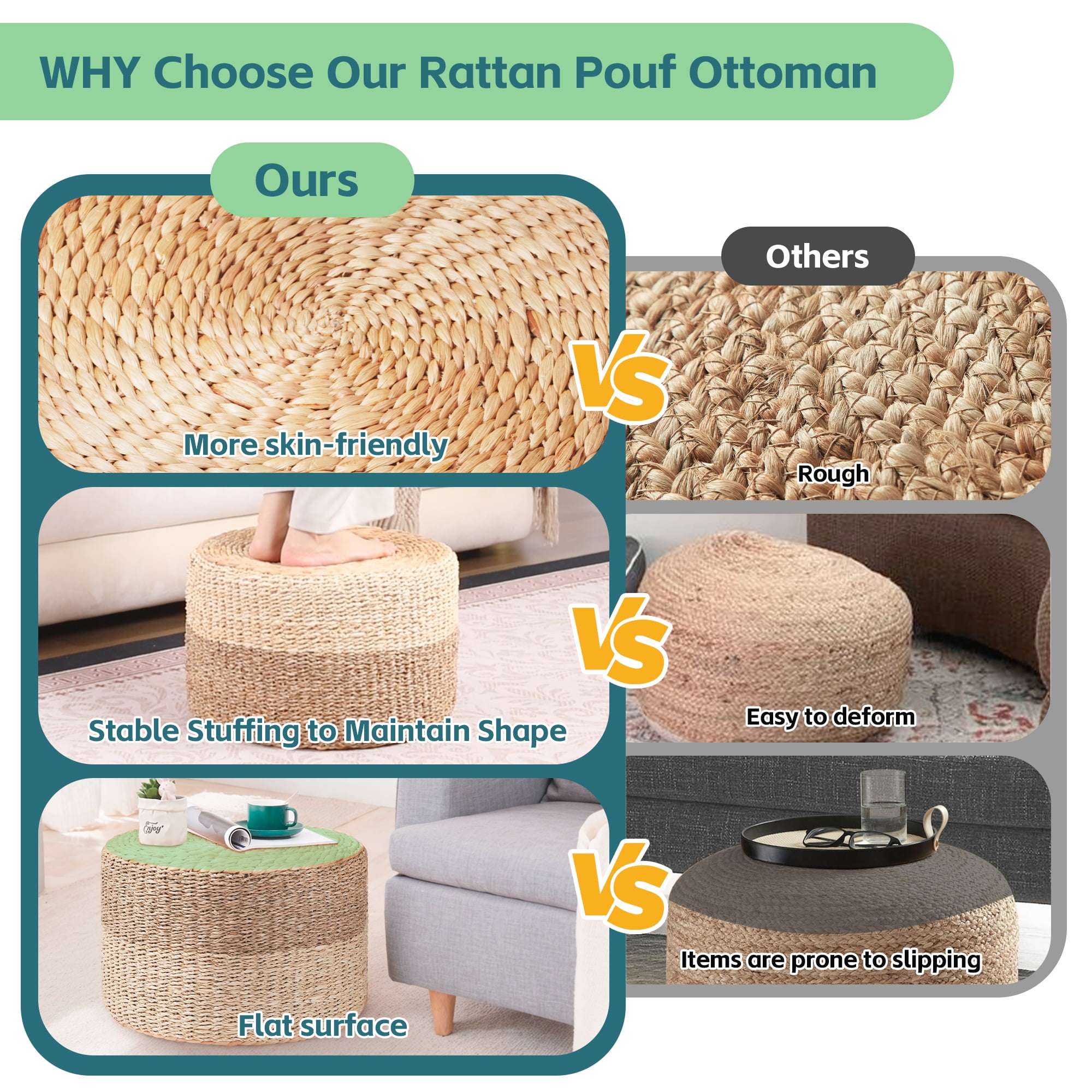 TrumanPick Pouf Ottoman Set of 2 Handwoven Rattan Footrest Boho Footstool 12"H x 18"W Load 350 lbs, Natural - Image 5