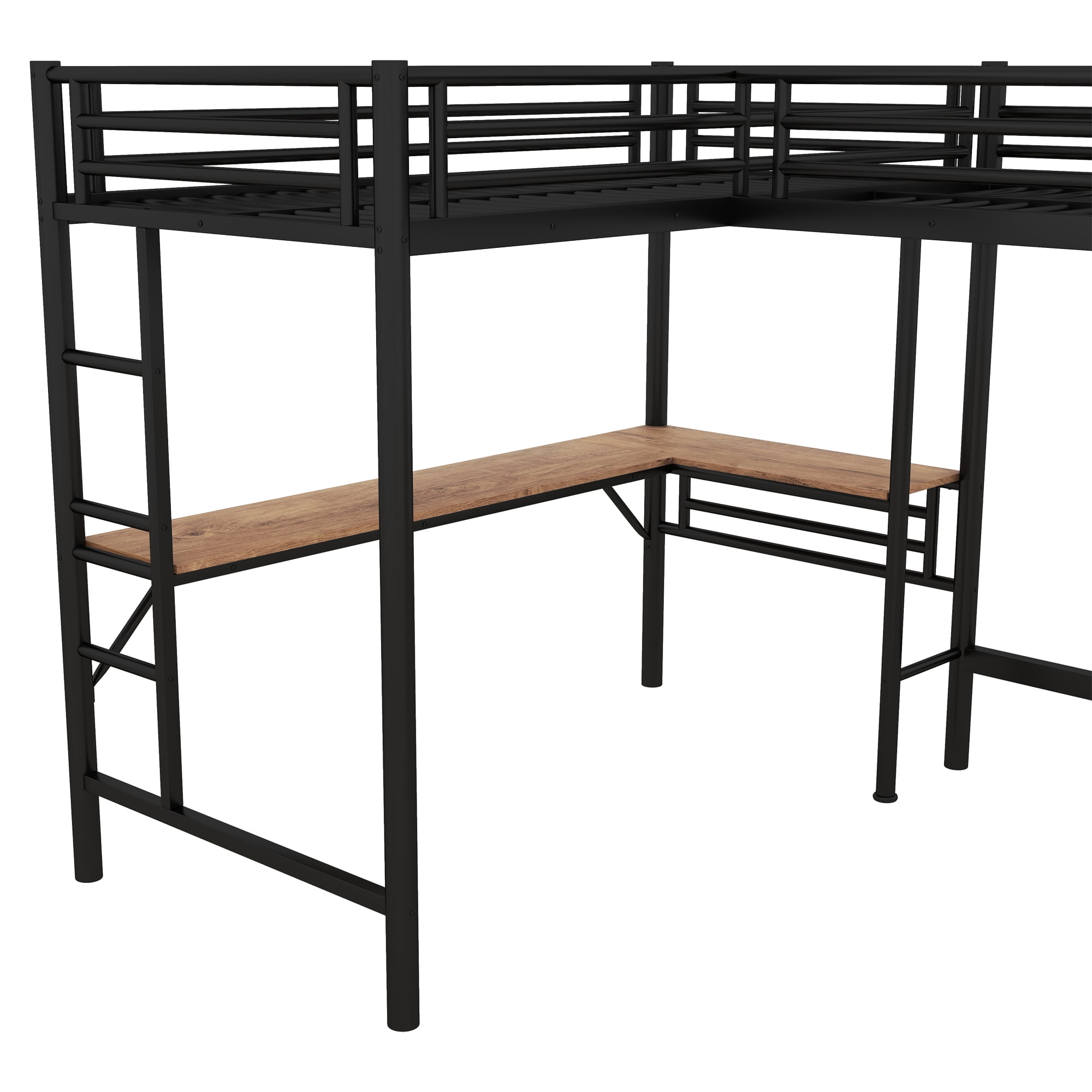 Euroco Metal L-Shaped Twin Size Loft Bed with Two Desk for Kids Teens Bedroom, Black - Image 2