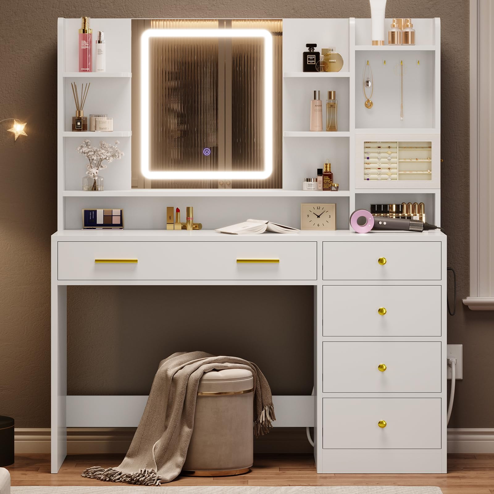 Afuhokles Vanity Desk with Lighted Mirror and Power Outlet, 6 Drawers Makeup Vanity Table with Jewelry Box, 8 Open Shelves, White - Image 7