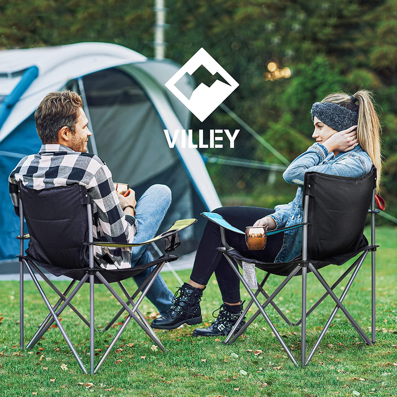 VILLEY Camping Chairs, Padded Folding Chair, Outdoor Portable High Camp Chair for Adult, Foldable Outside Arm Chair with Cup Holder & Carry Bag, Green - Image 4