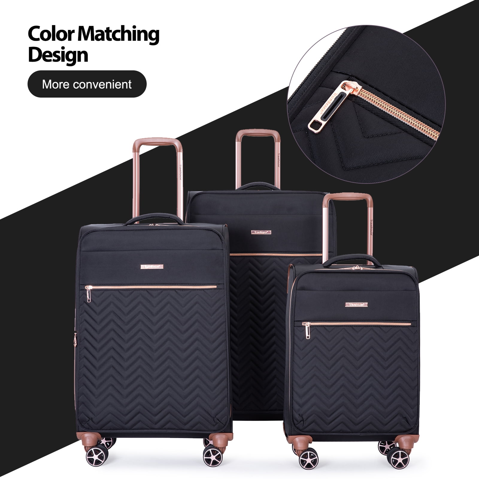 Travelhouse 3 Piece Luggage Set Softside Expandable Lightweight Suitcase with Spinner Wheels.(Black) - Image 9