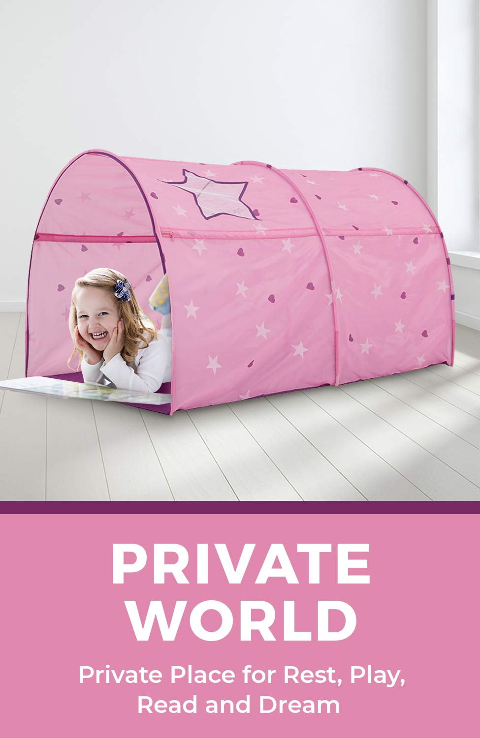 Bed Tent Canopy Kids Play Playhouse Privacy Twin Starlight Pink Pop Up by Alvantor - Image 9