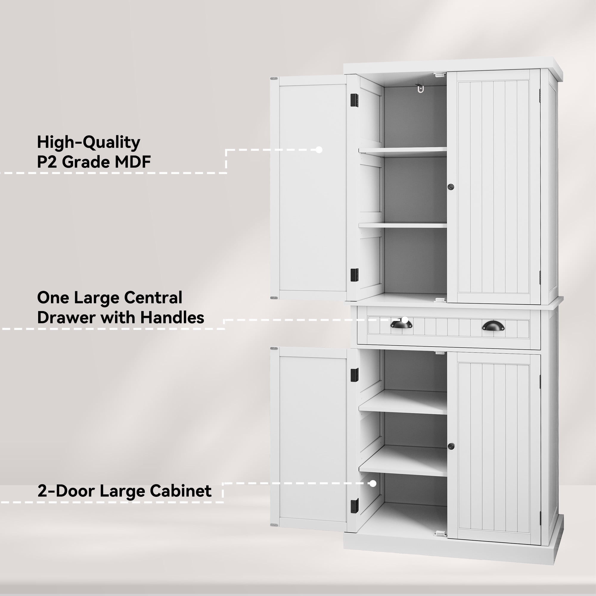 "HLR 72"" Tall Kitchen Pantry Storage Cabinet with Adjustable Shelves and Drawer, White" - Image 8