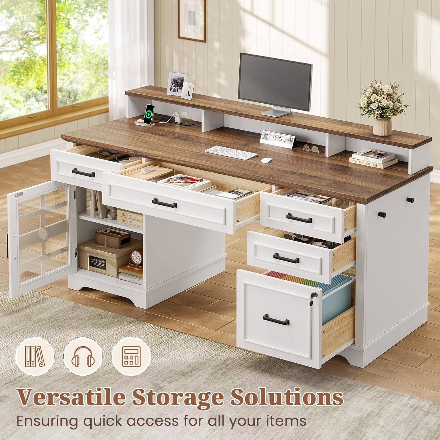 60'' Farmhouse Executive Desk with Drawers, Computer Desk with Power Outlet and LED Lights for Home, Office, White - Image 4