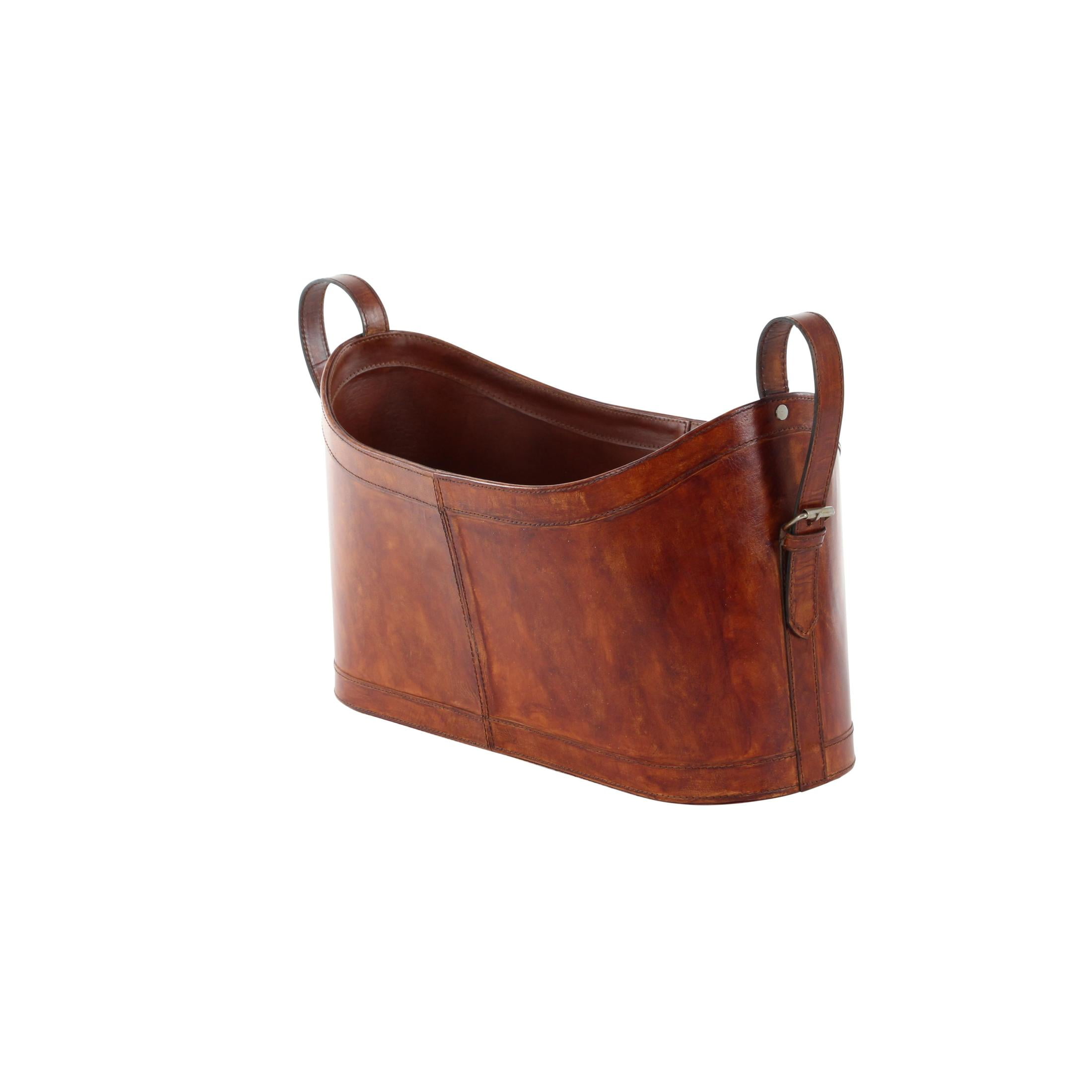 DecMode 12" Brown Leather Handmade Curved Box Style Single Slot Magazine Holder with Buckle Handles - Image 10