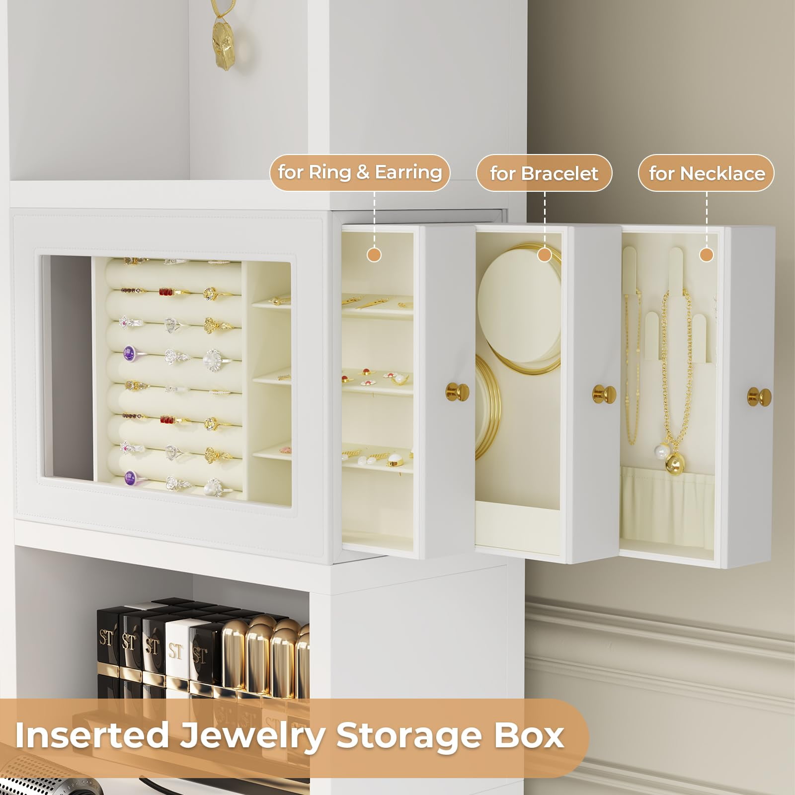 Afuhokles Vanity Desk with Lighted Mirror and Power Outlet, 6 Drawers Makeup Vanity Table with Jewelry Box, 8 Open Shelves, White - Image 8