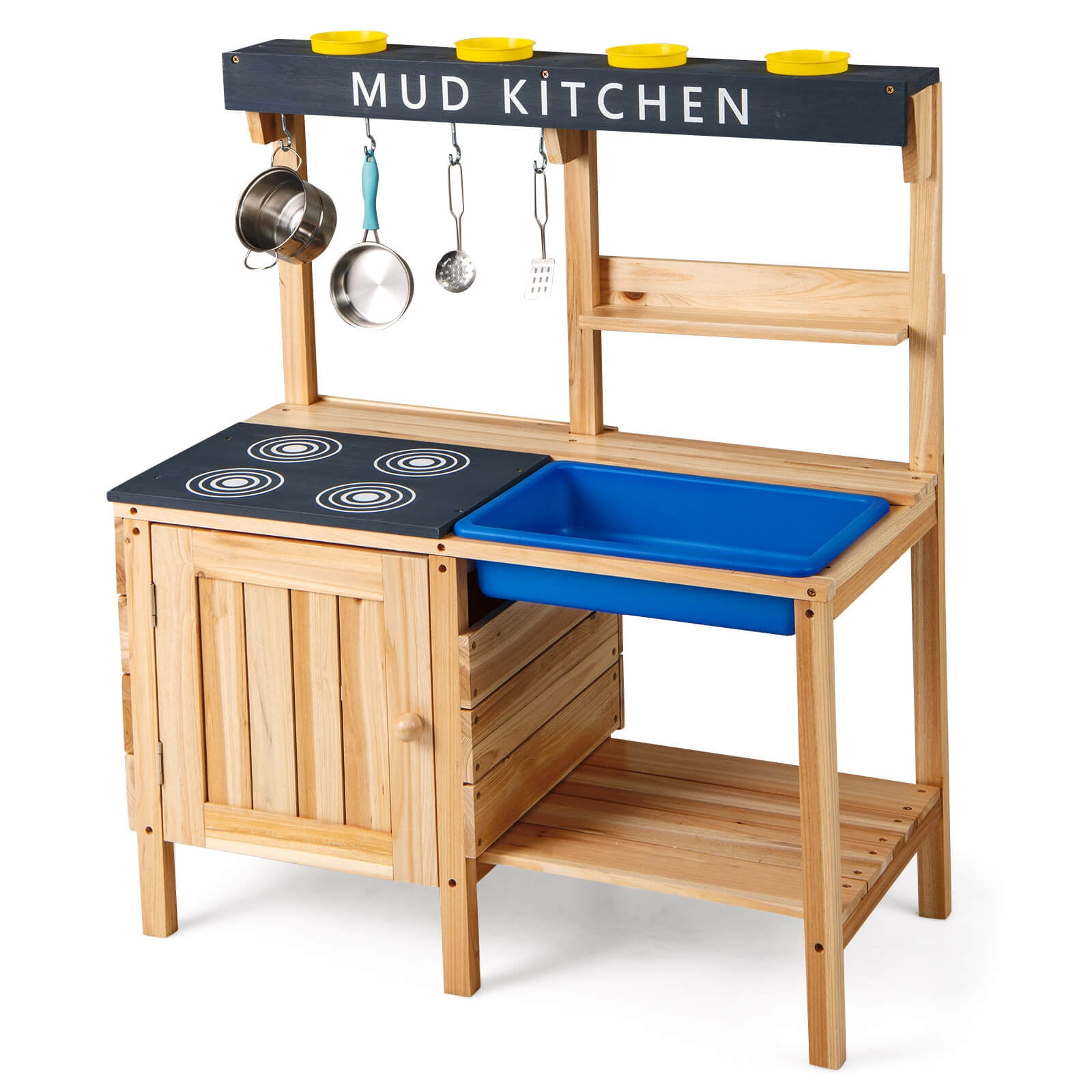 Costway Kids Kitchen Playset Wooden Outdoor Mud Kitchen Pretend Play Toy W/ Kitchenware - Image 3