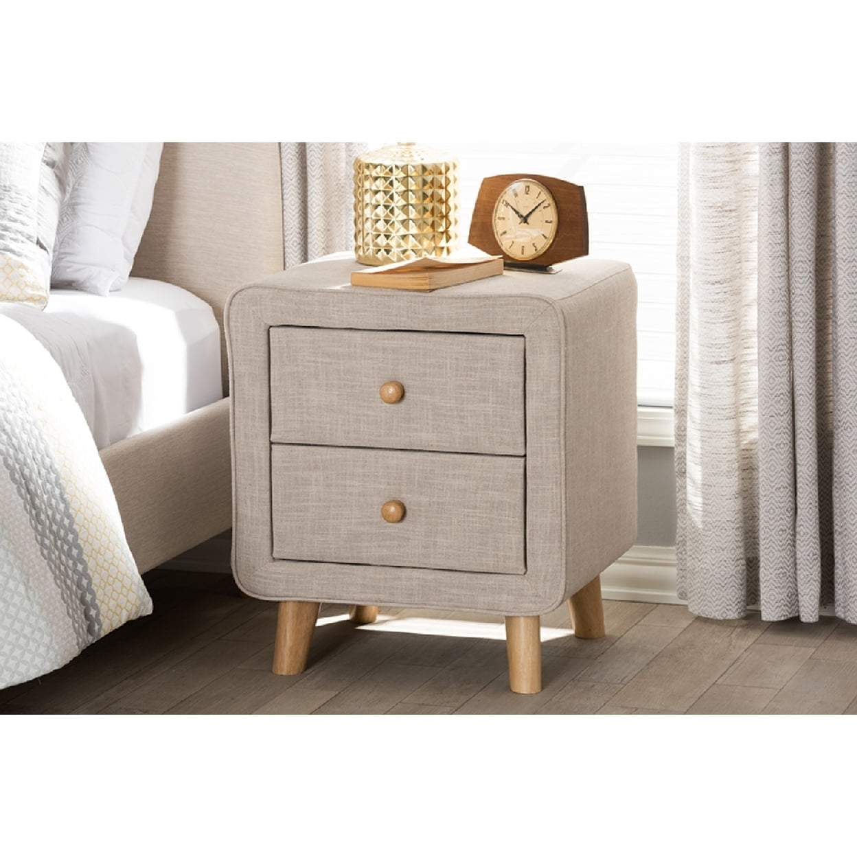 Baxton Studio Jonesy Mid-Century Beige Linen Upholstered 2-Drawer Nightstand - Image 3