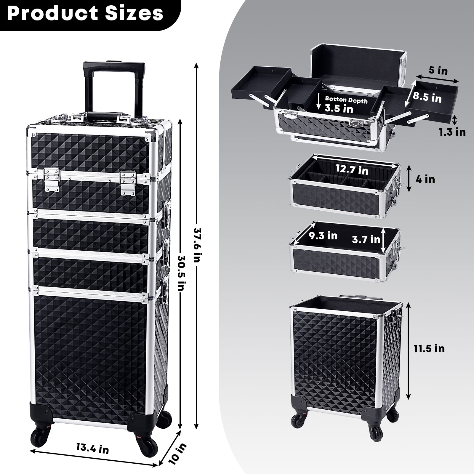 Velore Professional Rolling Makeup Case with Wheels 4 in 1 Aluminum Cosmetic Train Case Trolley Box Salon Barber Suitcase - Image 6