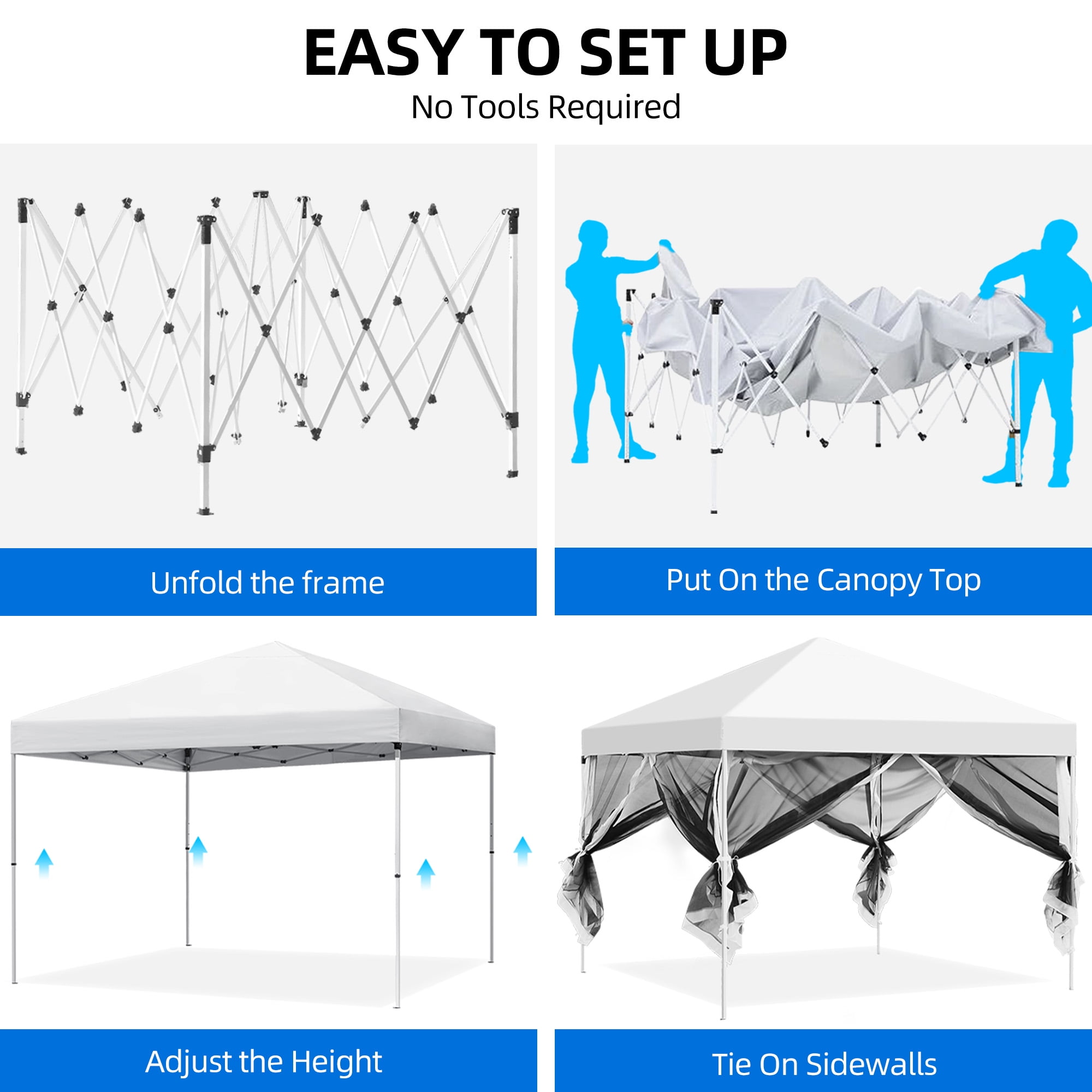 Uforic 10 ft x 10 ft Easy Pop Up Outdoor Patio Canopy Tent with Netting,4 Ropes,8 Stakes and 1 Carry Bag - White - Image 4