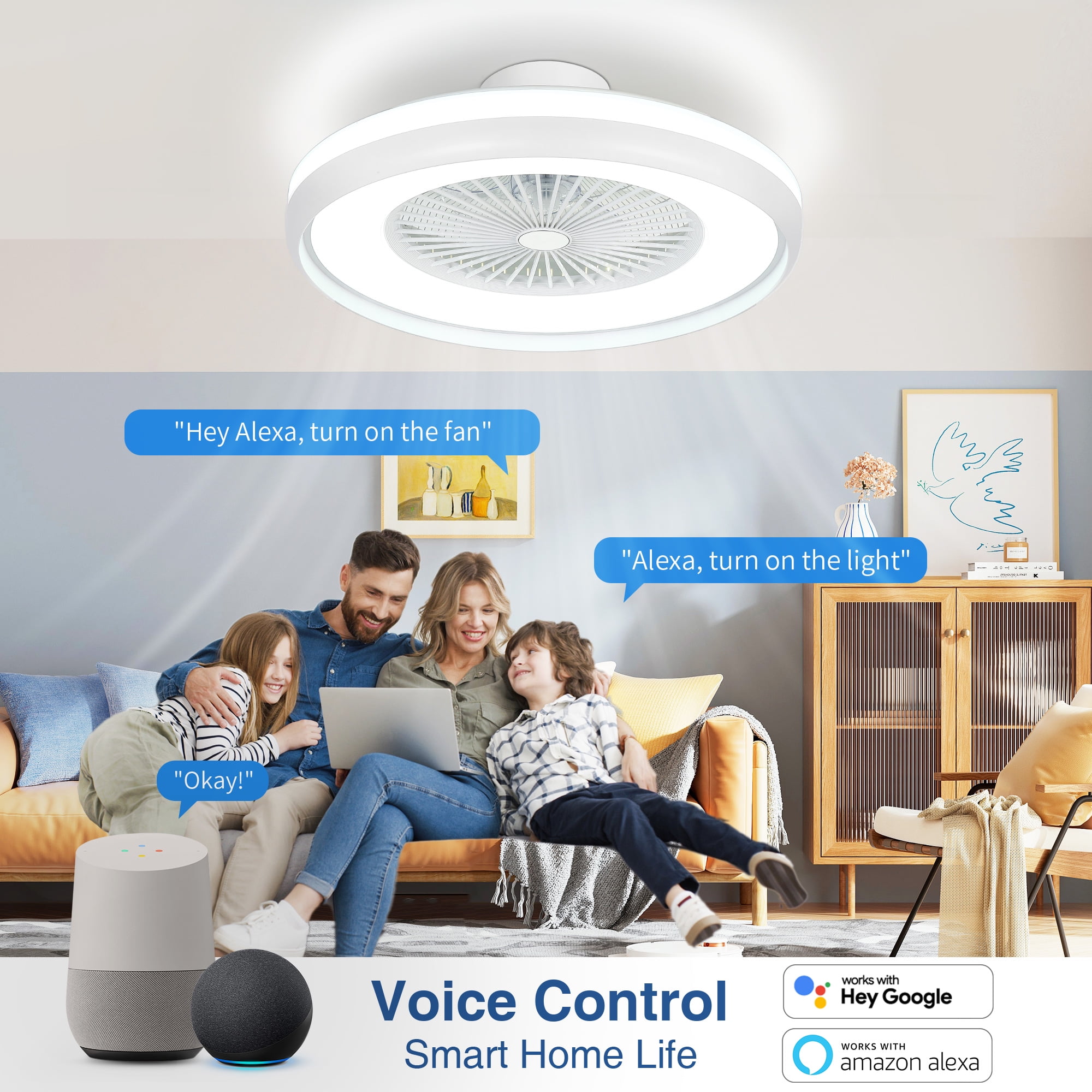 24" Ceiling Fans with RGB Light, Voice/App/Remote Control, Smart Dimmable Bladeless LED Fan Light - Image 7