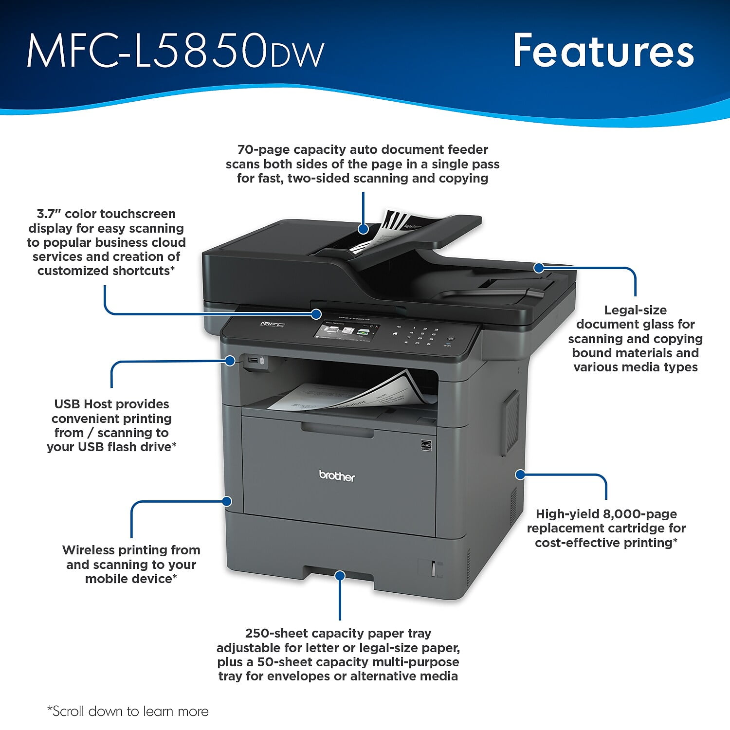 Brother MFC-L5850DW - Multifunction printer - B/W - laser - Legal (8.5 in x 14 in) (original) - A4/Legal (media) - up to 42 ppm (copying) - up to 42 ppm (printing) - 300 sheets - 33.6 Kbps - USB 2.0, LAN, Wi-Fi(n) - Image 3