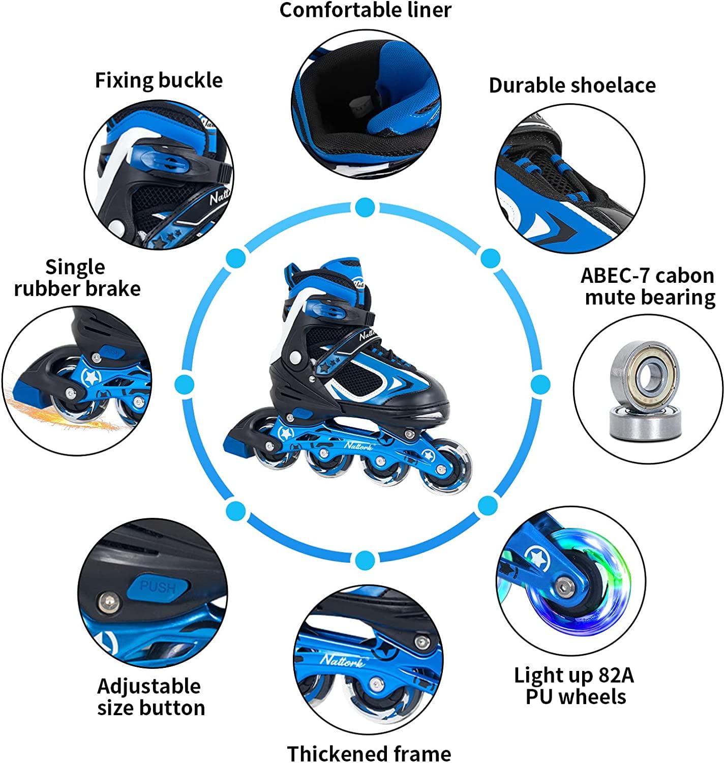 SubSun Kids Boys Inline Skates Adjustable Blades Skate Light up Wheels Blue Size M - Image 7