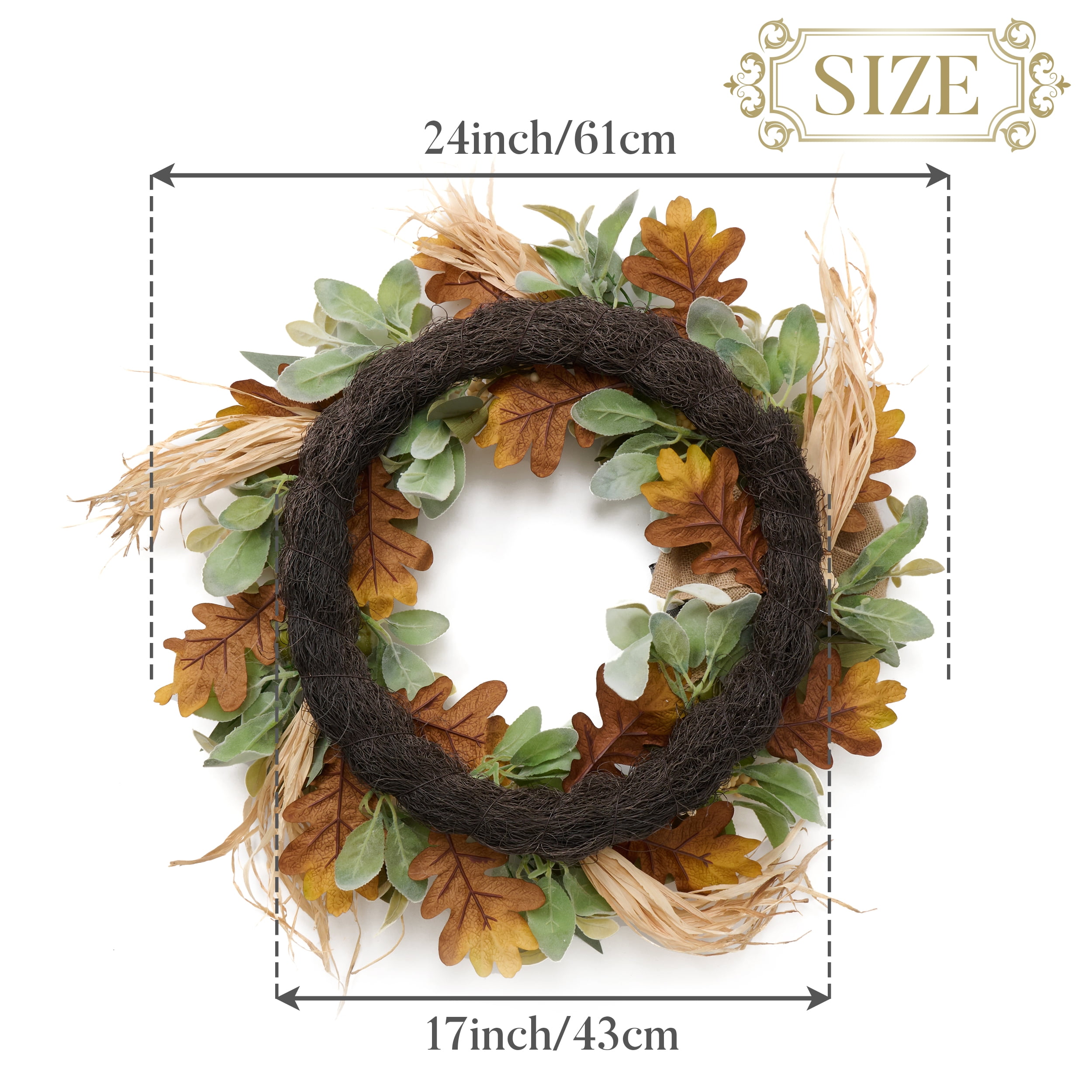 Valery Madelyn 24 inches Pre-Lit Fall Wreath Lighted White Green Thanksgiving Wreath with Pumpkin & Bow for Front Door Fireplace - Image 5