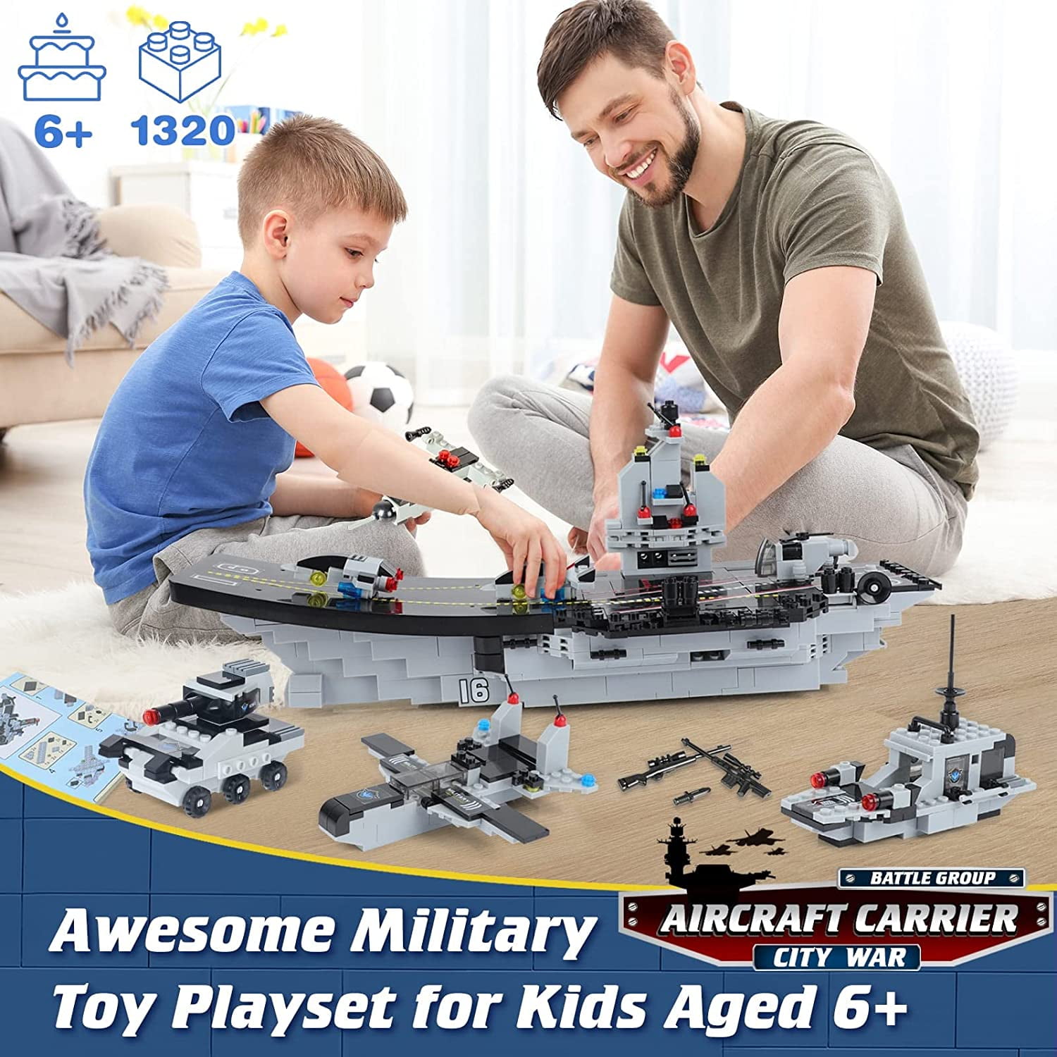 1320 Pieces Aircraft Carrier Building Blocks Set, Military Battleship Model Toy with Army Car, Helicopter & Boat, Military Toys Gift for Kids Boys Girls Age 6-12 - Image 4